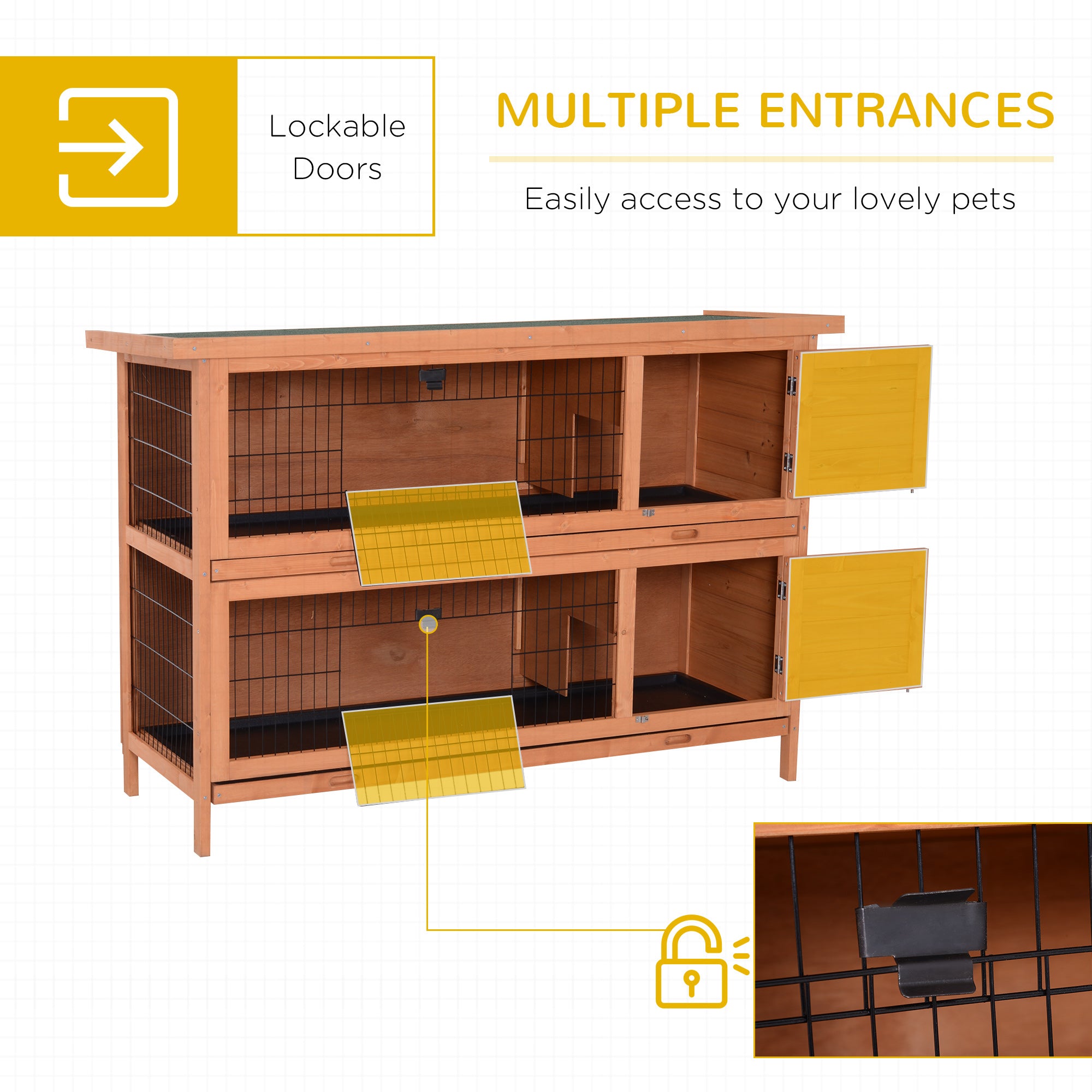 54" 2-Story Large Rabbit Hutch Bunny Cage Wooden Pet House Small Animal Habitat Lockable Doors, Tray, Roof, Orange