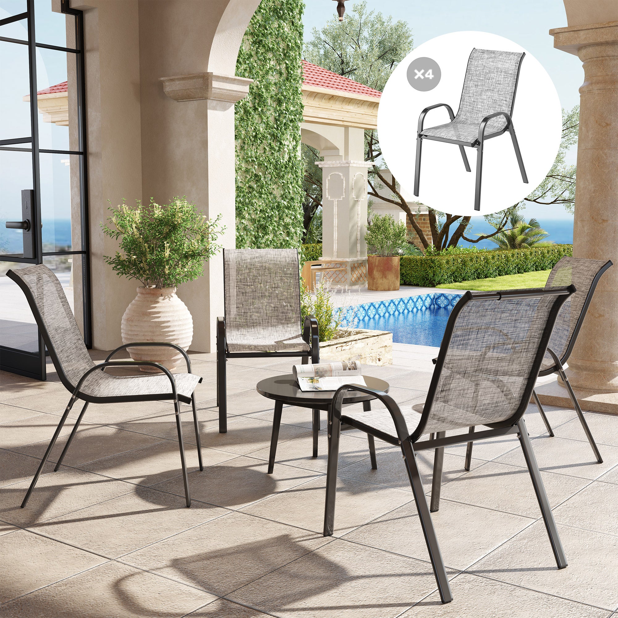 Set of 4 Outdoor Dining Chairs, Stackable Patio Chairs with High Back, Breathable Mesh Seat for Garden Lawn, Mixed Gray