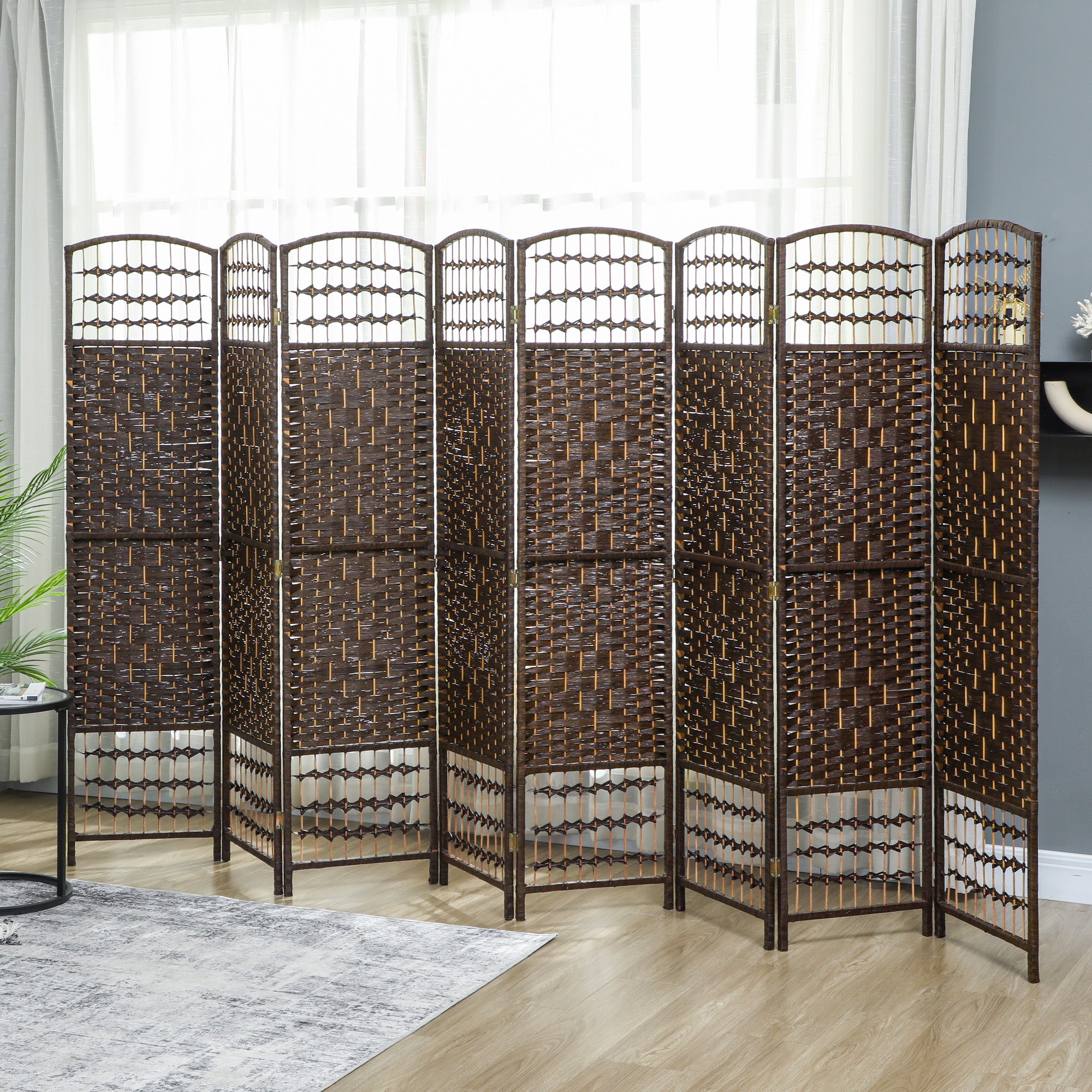 8 Panel Folding Room Divider Portable Privacy Screen Wave Fiber Room Partition for Home Office Brown