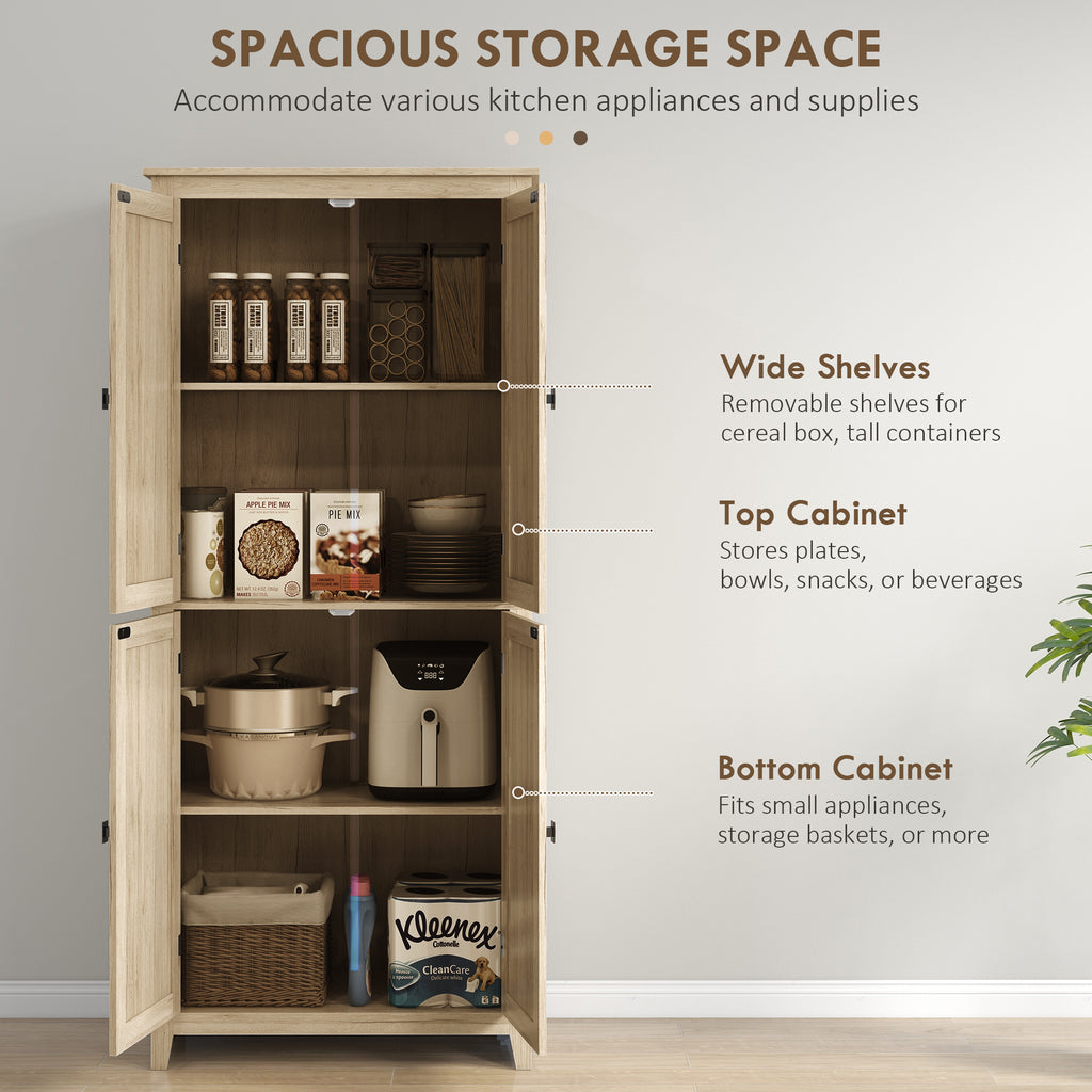 72" Freestanding Kitchen Pantry Cabinet, Farmhouse Tall Storage Cabinet with 4 Door Cabinets and Adjustable Shelves for Dining Room, Natural