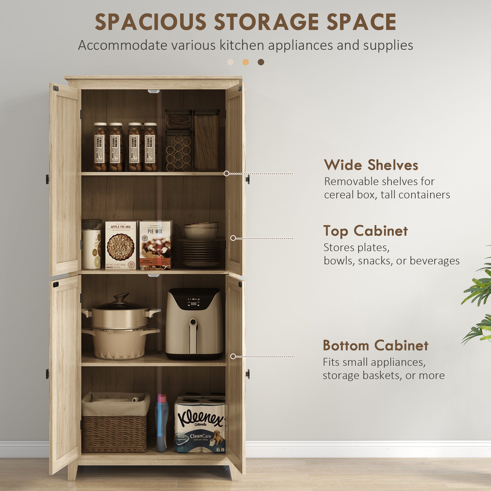 72" Freestanding Kitchen Pantry Cabinet, Farmhouse Tall Storage Cabinet with 4 Door Cabinets and Adjustable Shelves for Dining Room, Natural