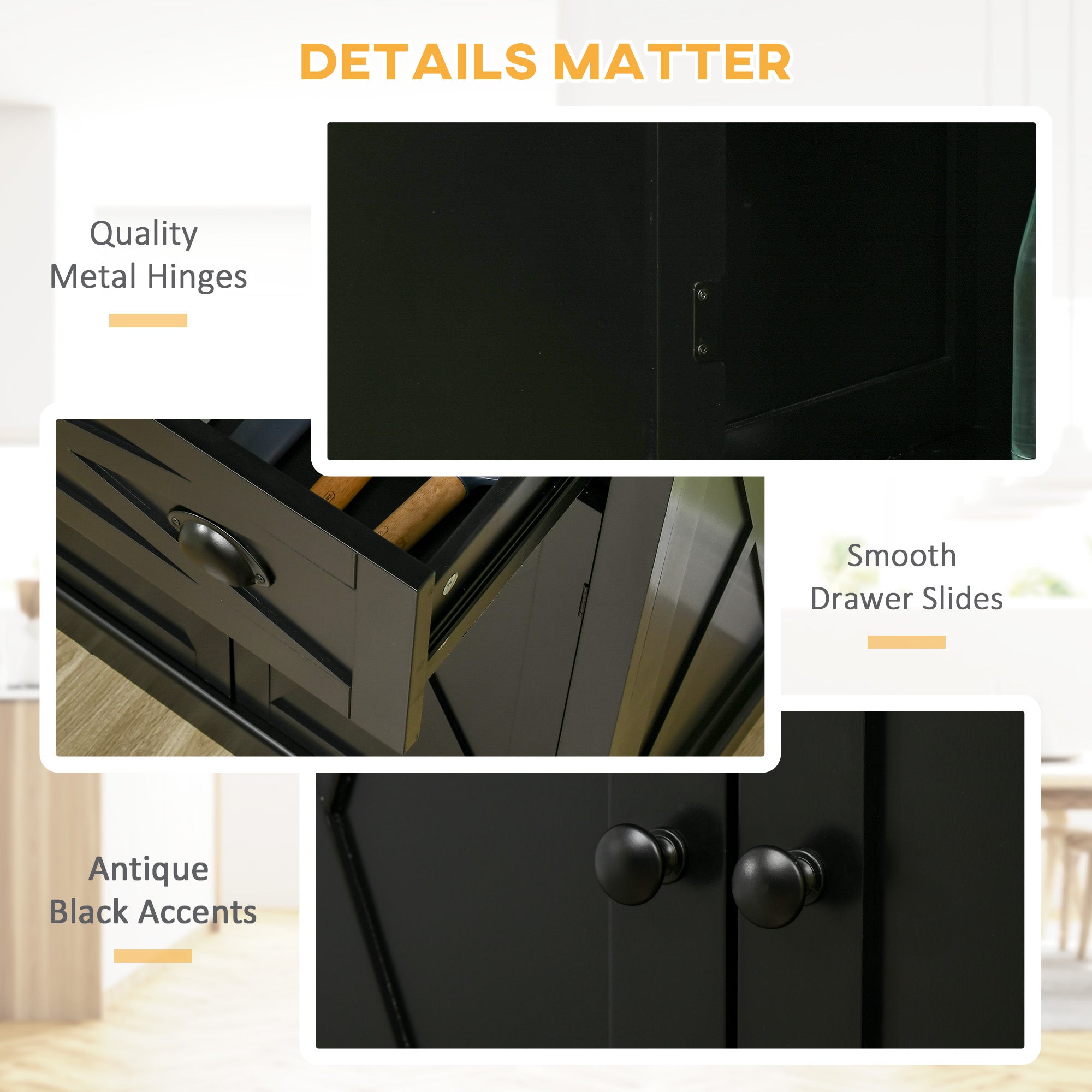 72" Kitchen Pantry Storage Cabinet, Traditional Freestanding Pantry Cabinet with 4 Doors and 2 Adjustable Shelves, Large Central Drawer, X-Frame, Black