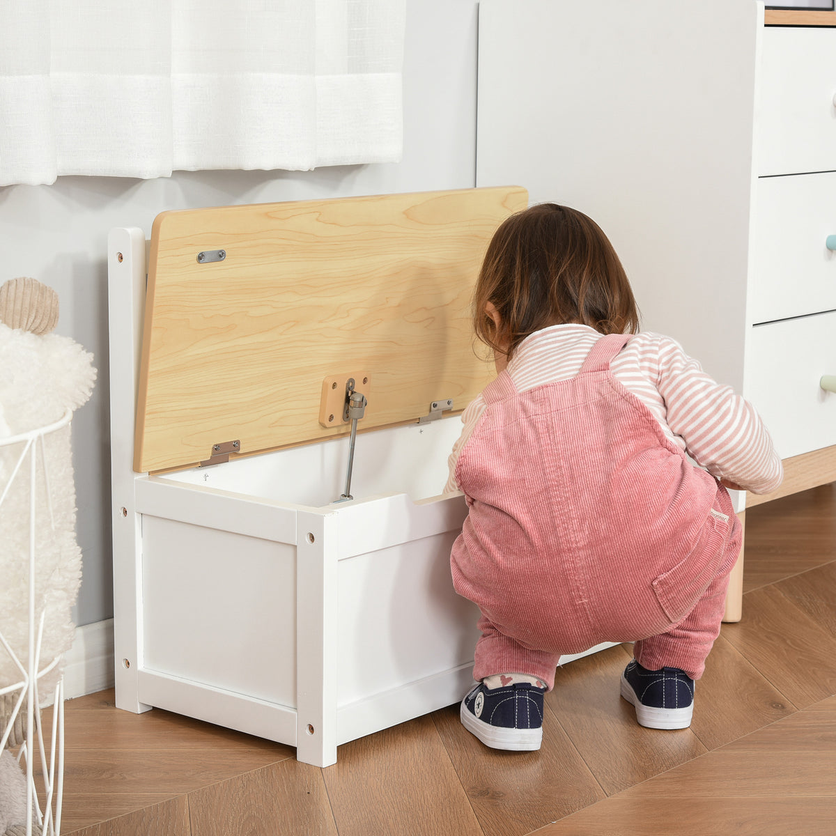 2-in-1 Kids Wooden Toy Organizer Chest Storage Box with Seat Bench Cabinet Chunk Cube with Safety Pneumatic Rod White