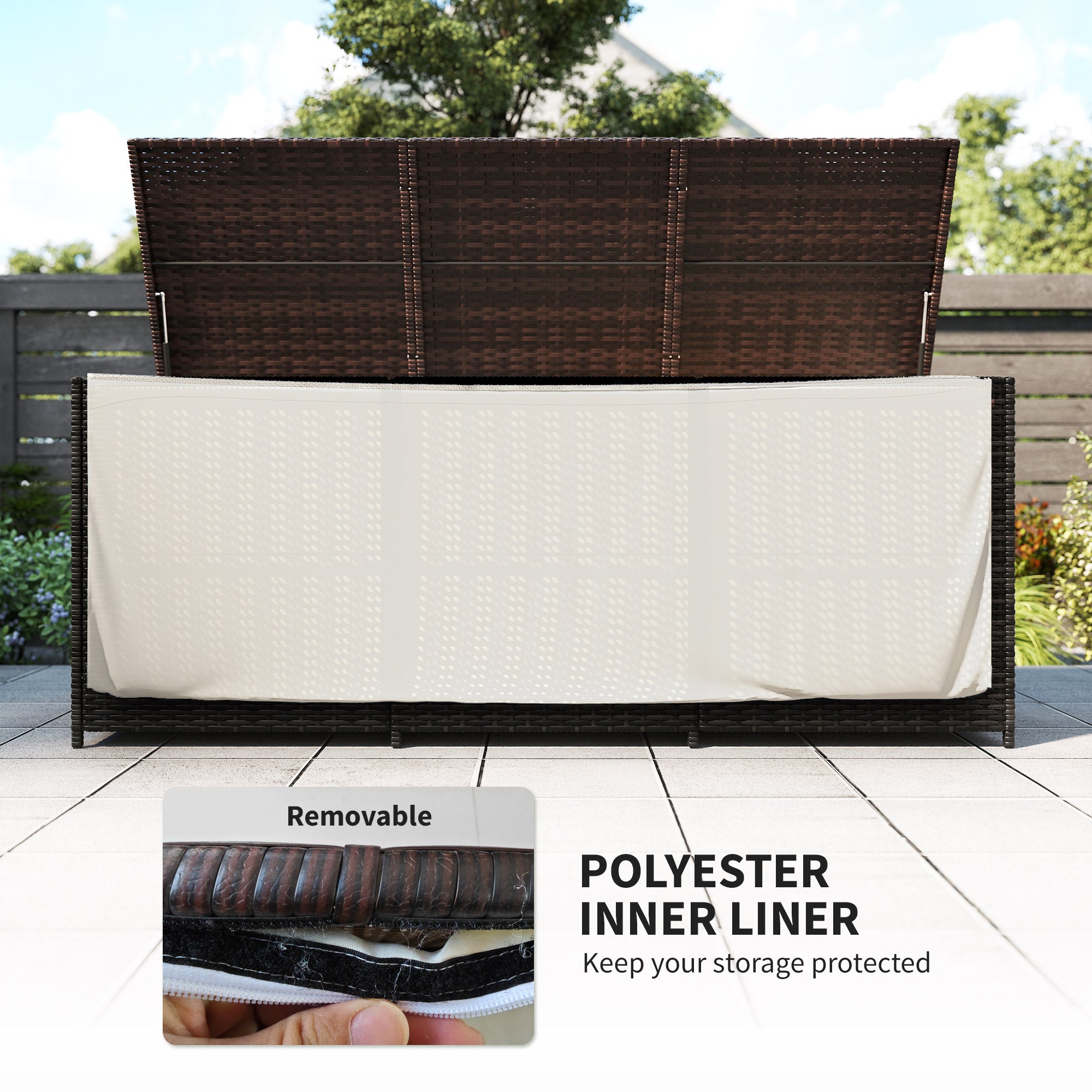 175 Gallon Outdoor Storage Box with Inner Liner, PE Rattan Wicker Deck Box with Pneumatic Bar Lift, Mixed Brown