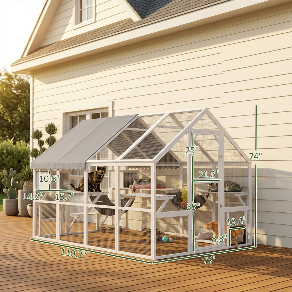 Wooden Catio Outdoor Cat Enclosure with Waterproof Cover, 2 Condos, 6 Platforms, Bridge, Doors, White