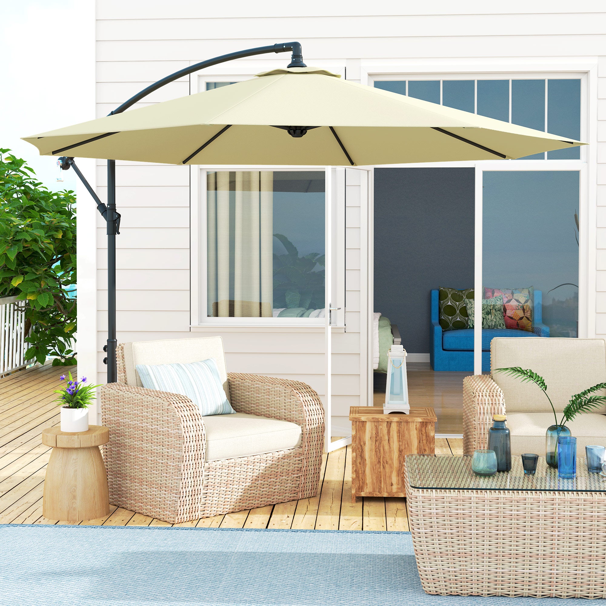 10' Cantilever Tilt Offset Patio Umbrella w/ UV & Water Safe Material & Cross Base (Weight Not Included), Beige