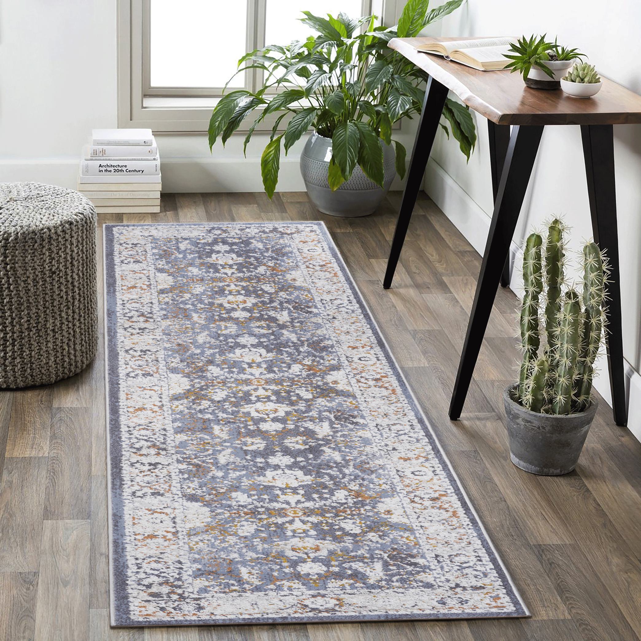 Naar 2x8 Traditional Stain-Resistant Area Rug with Non-Shedding Design and Cotton Backing, Kid and Pet-Friendly Carpet, 96" L x 26" W x 0.3" H, Blue