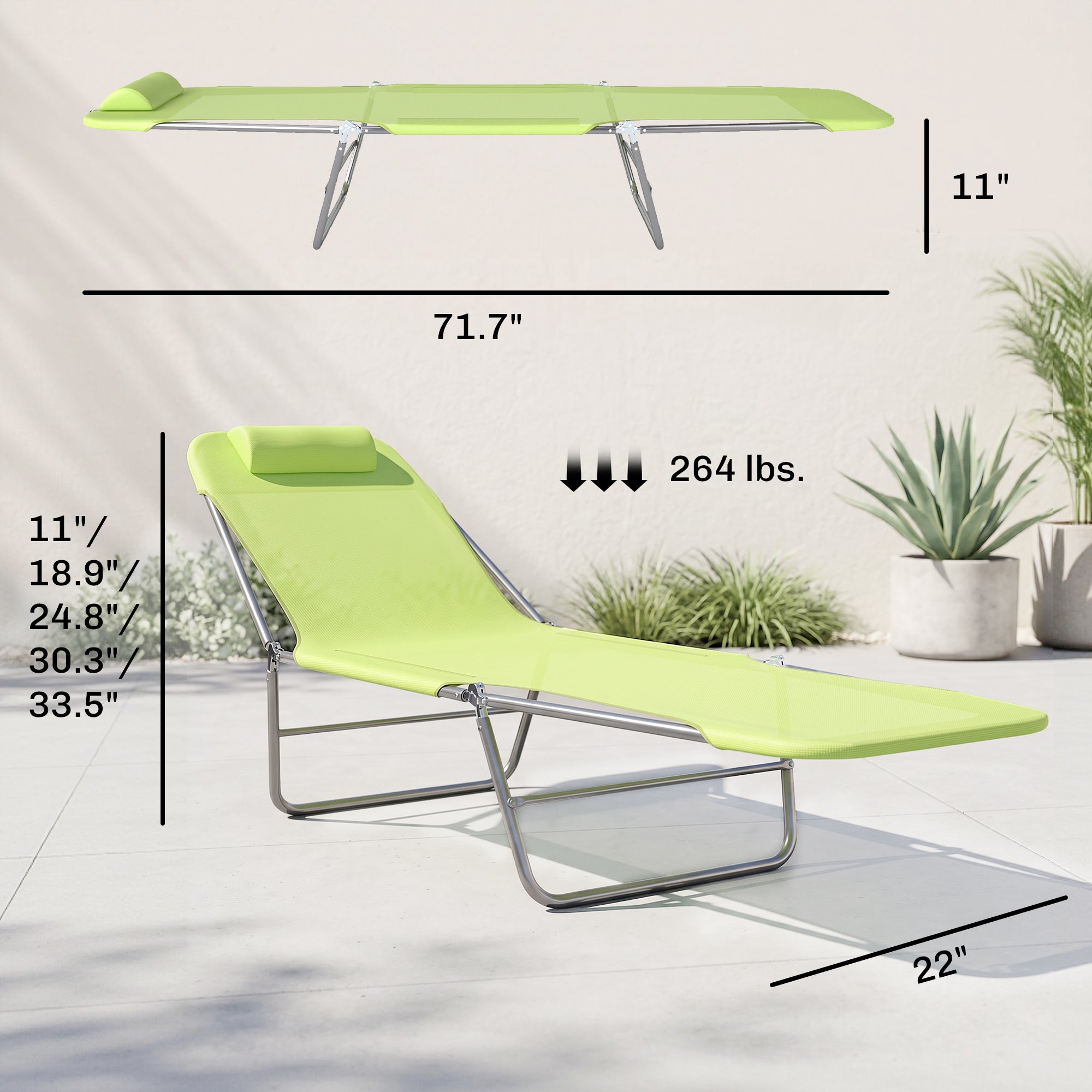 Folding Chaise Lounge Pool Chairs, Outdoor Sun Tanning Chairs with Pillow, Reclining Back, Steel Frame & Breathable Mesh for Beach, Yard, Patio, Green