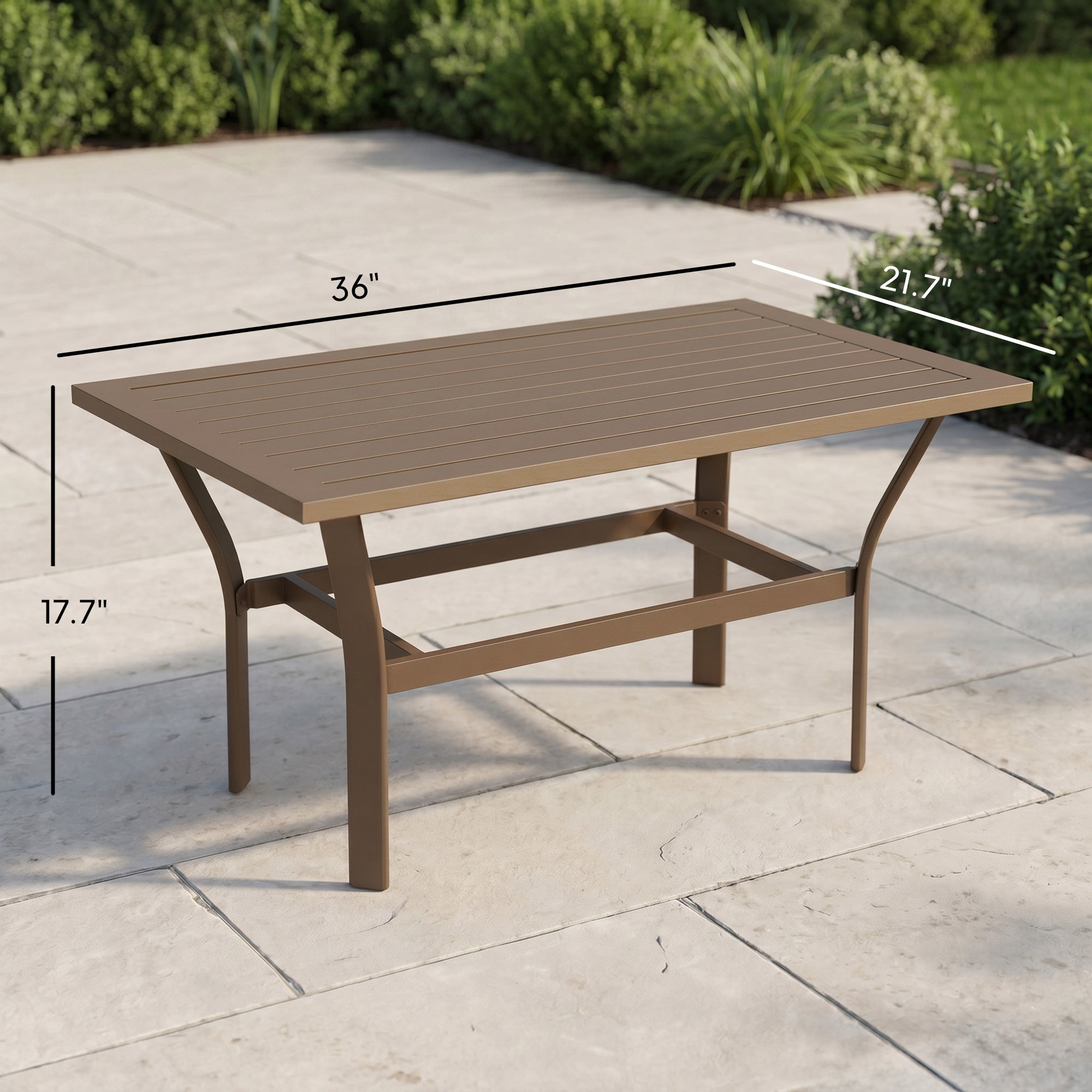 Outdoor Coffee Table with Slatted Tabletop, All-Weather Rectangle Metal Patio Coffee Table for Garden, Brown