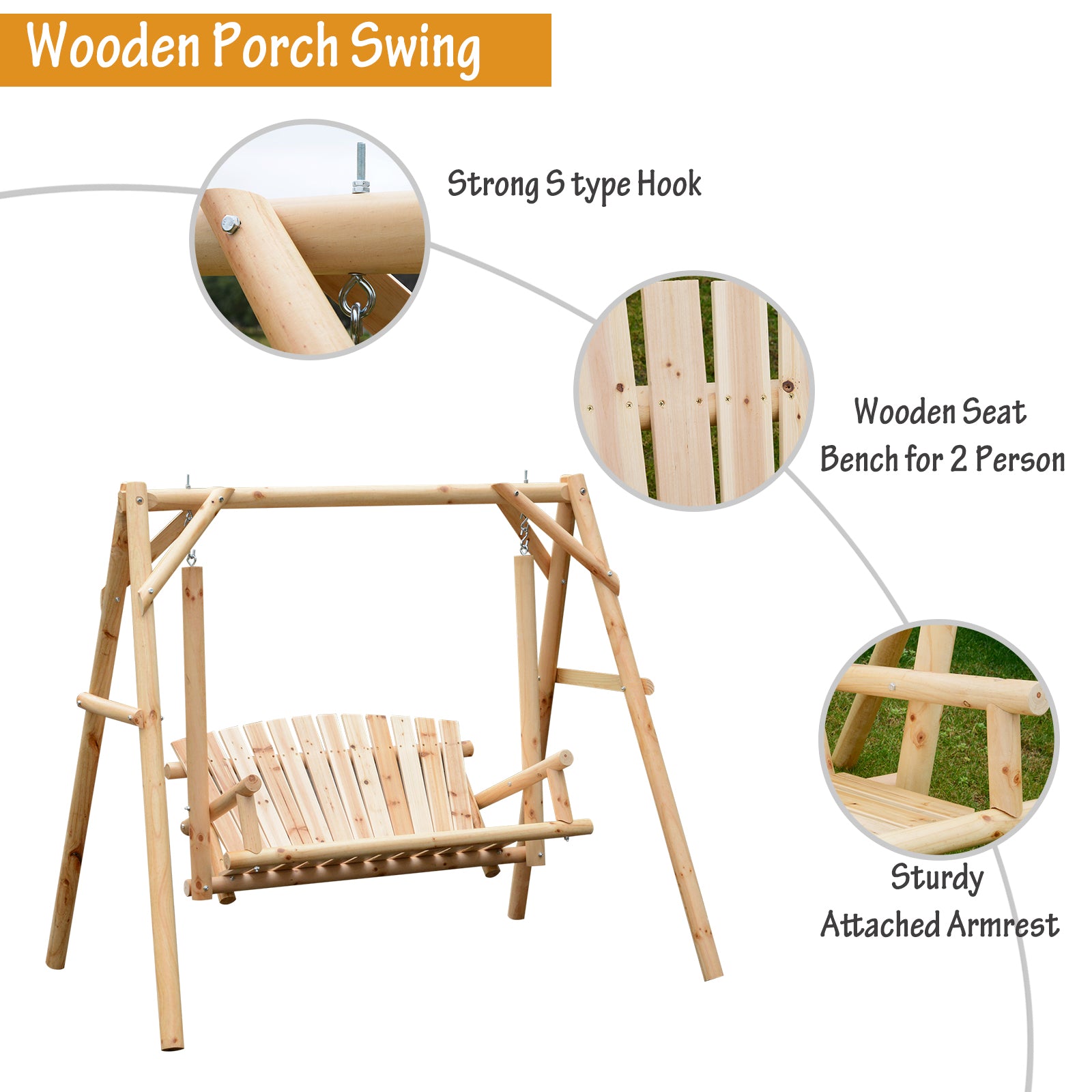 2-Seat Wooden Swing Bench, Ergonomic Design, 'A' Frame Construction, Stable and Non-Slip, Solid Wood Frame Log Garden Swing, for Outdoor and Indoor, Natural Wood