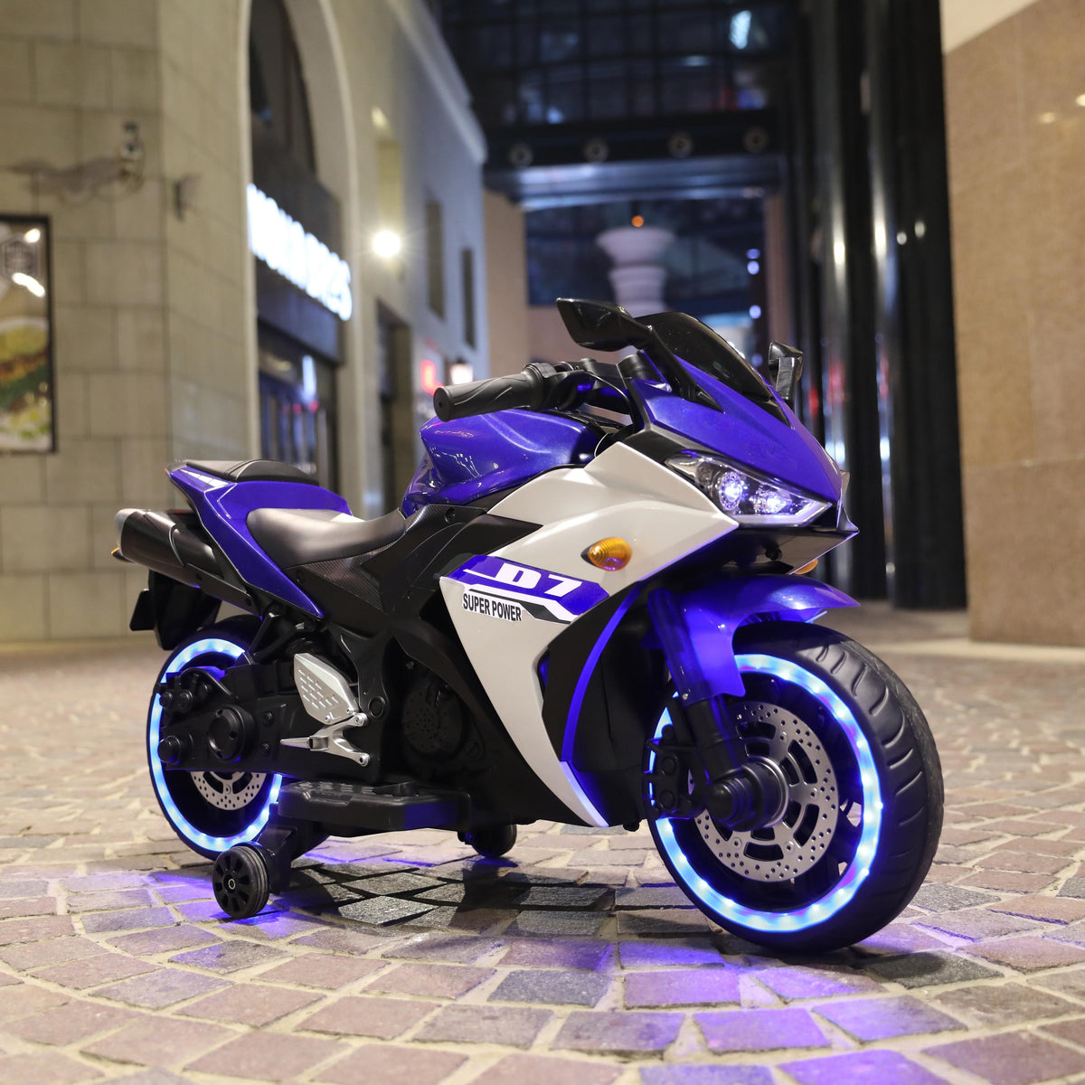 12V Kids Electric Ride-On Motorcycle with Training Wheels and Headlight, Motorbike with MP3 and Light-Up Wheels, 46" L x 20" W x 26" H, Blue