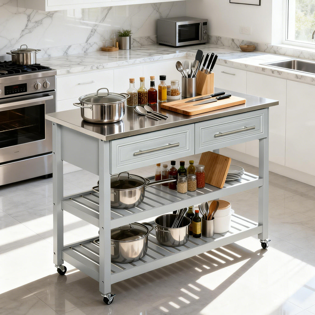Kitchen Island with Stainless Steel Top, Traditional Kitchen Island with Storage, Butcher Block Cart 2-Tier Open Shelves, Drawers, Light Gray