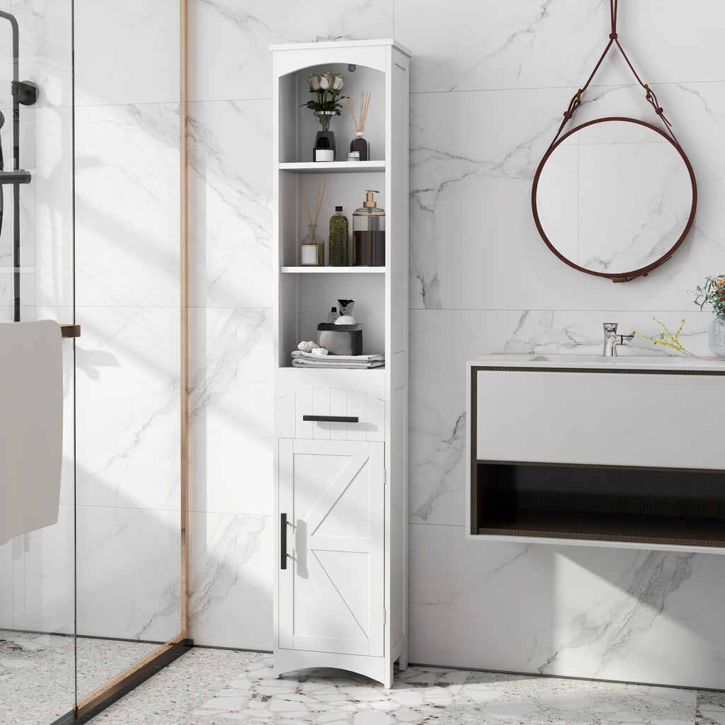 Farmhouse Tall Slim Bathroom Storage Cabinet with Recessed Drawer, Narrow Cabinet with Barn Door, White
