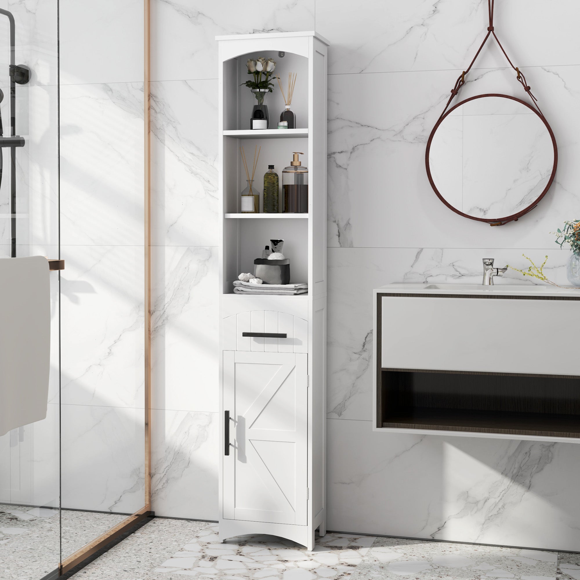 Farmhouse Tall Slim Bathroom Storage Cabinet with Recessed Drawer, Narrow Cabinet with Barn Door, White