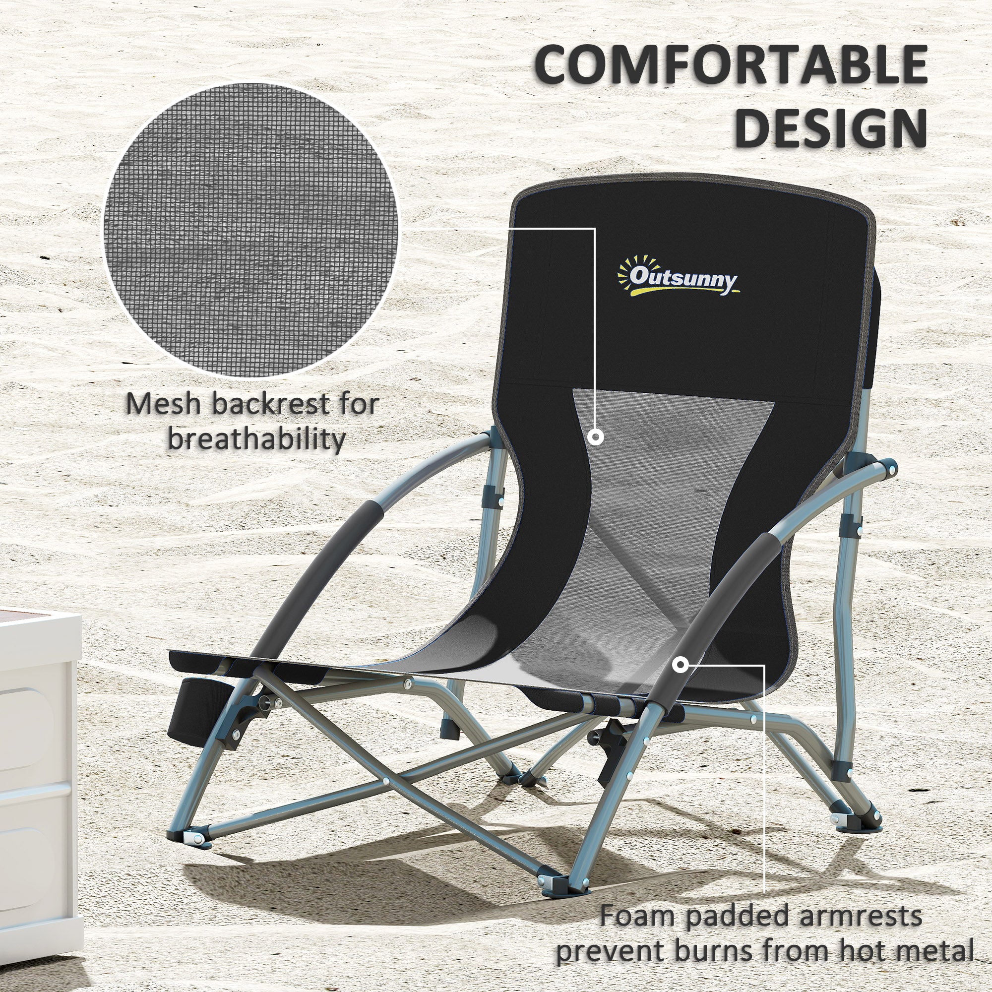 Set of 2 Folding Beach Chairs with Mesh Back, Carry Bag and Cup Holder for Outdoor Camping Lawn Sports Picnic, Black