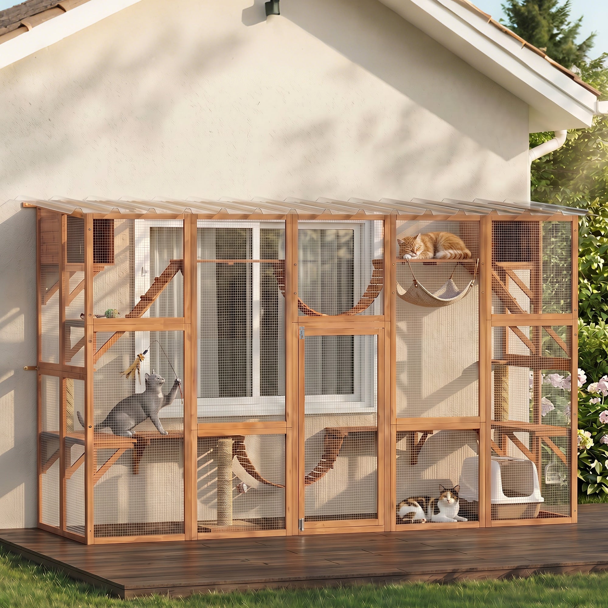 Catio Playground Cat Window Box Outside Enclosure for Multiple Cats w/ Shelves & Bridges, Orange