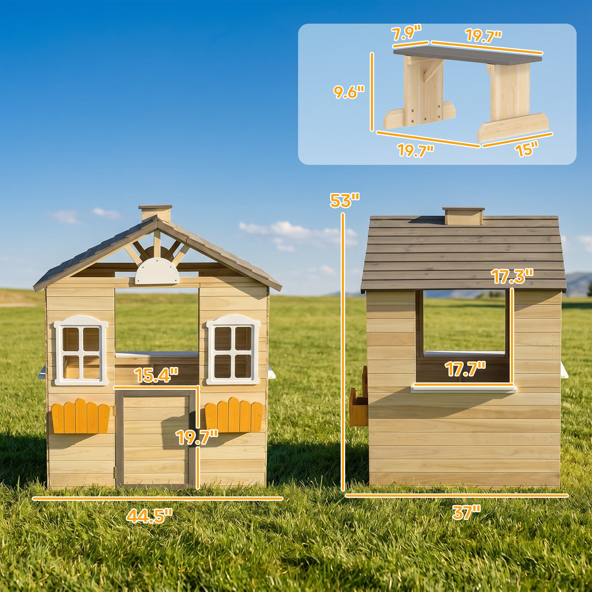 Outdoor Playhouse, Wooden Kids Playhouse with Working Door, Windows, Bench, Service Station, Flower Pot Holder, Cottage Play House for 3-7 Years Old Pretend Play, Natural