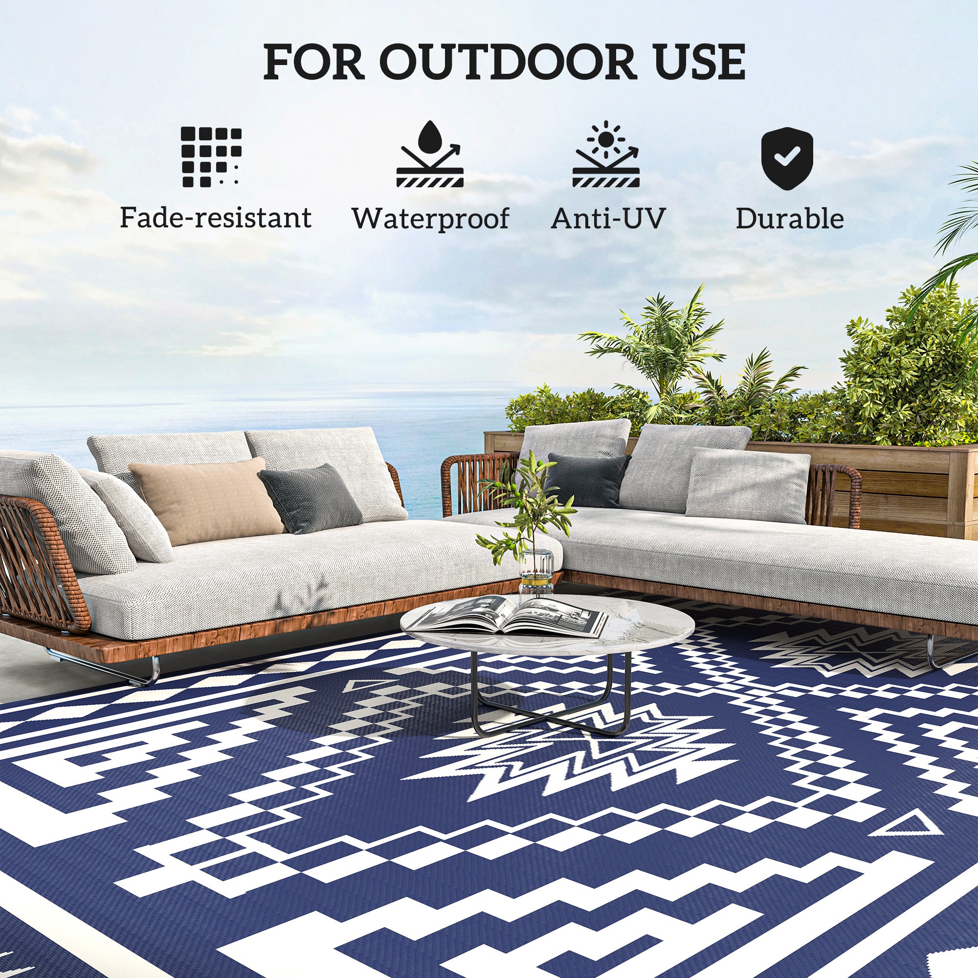 Reversible Outdoor Rug, Waterproof Plastic Straw with Carry Bag, 9' x 18', Blue & White Square Patchwork