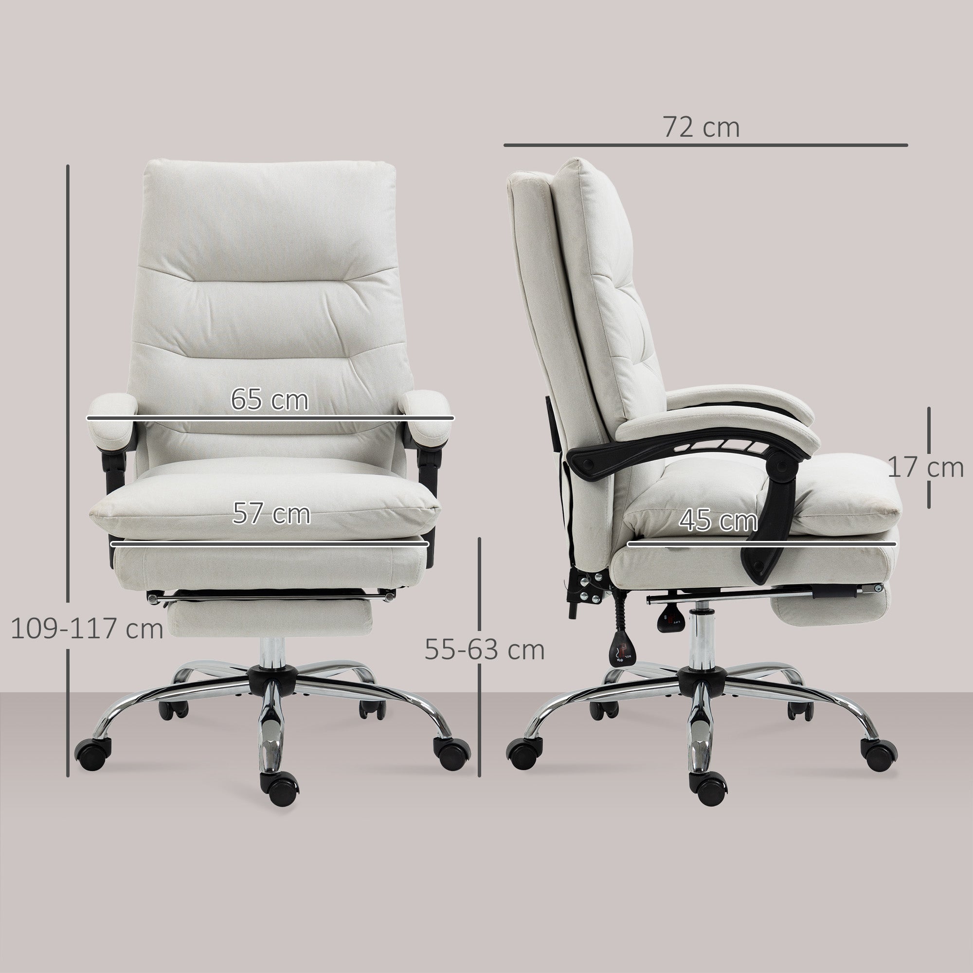 Microfibre Executive Massage Office Chair, Computer Desk Chair, Heated Reclining Chair with Footrest, Double-tier Padding, Swivel Wheels, Cream White