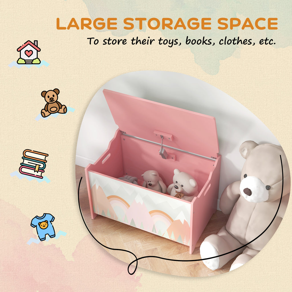 Toy Box with Lid and Kids Easel with Paper Roll, Blackboard, Whiteboard, Cute Fox Design, for Ages 3-8 Years, Pink