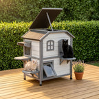 Wooden 2-Story Outdoor Cat House, Feral Cat Shelter Kitten Condo with Openable Asphalt Roof and 4 Platforms, White