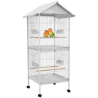 Wrought Metal Bird Cage Feeder with Rolling Stand Perches Food Containers Doors Wheels 67" H, White