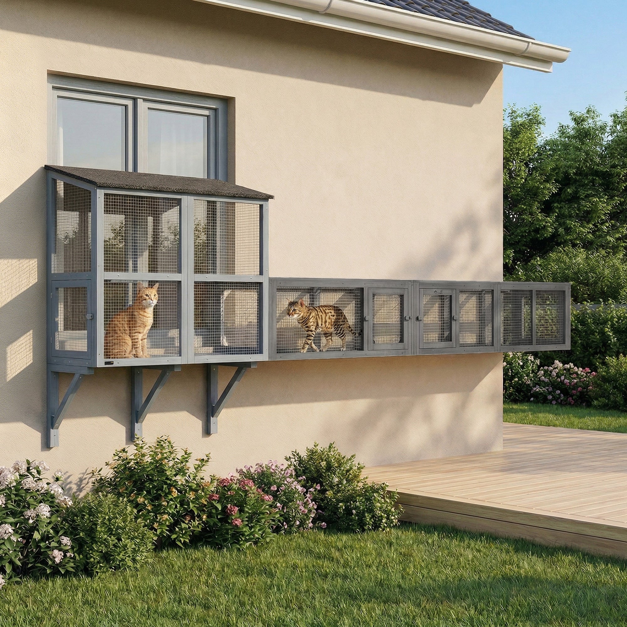 Wooden 98" Cat Tunnel for Outdoor with Combinable Design, 8 Doors, Dark Gray