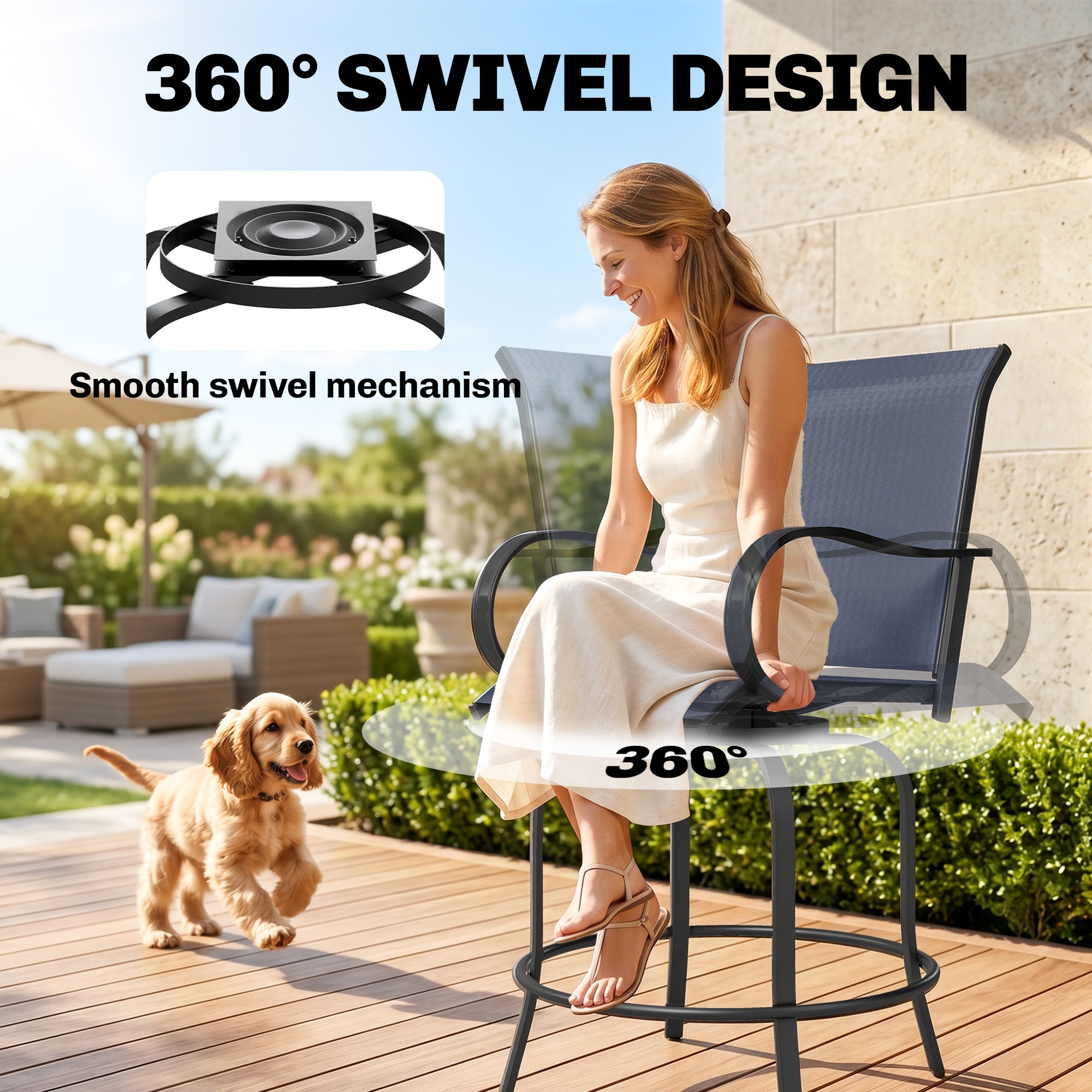 Outdoor Bar Stools Set of 2, 360° Swivel Bar Height Chairs, 26.75" x 29.5" x 48.5", Navy Blue