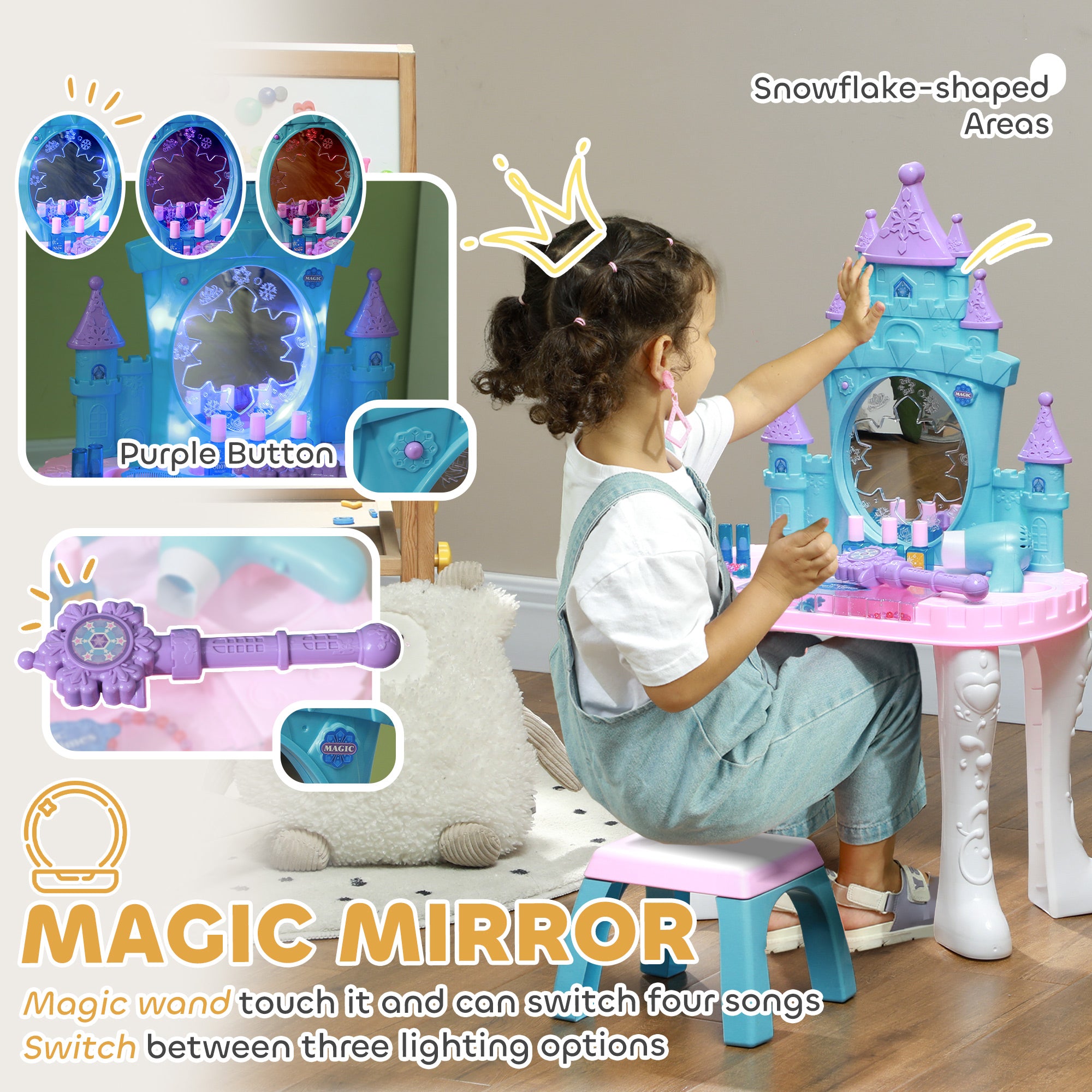 Kids Vanity Set with Mirror and Stool, Light, Music, Castle Design Makeup Table for Girls 3-6 Years, Multicolor