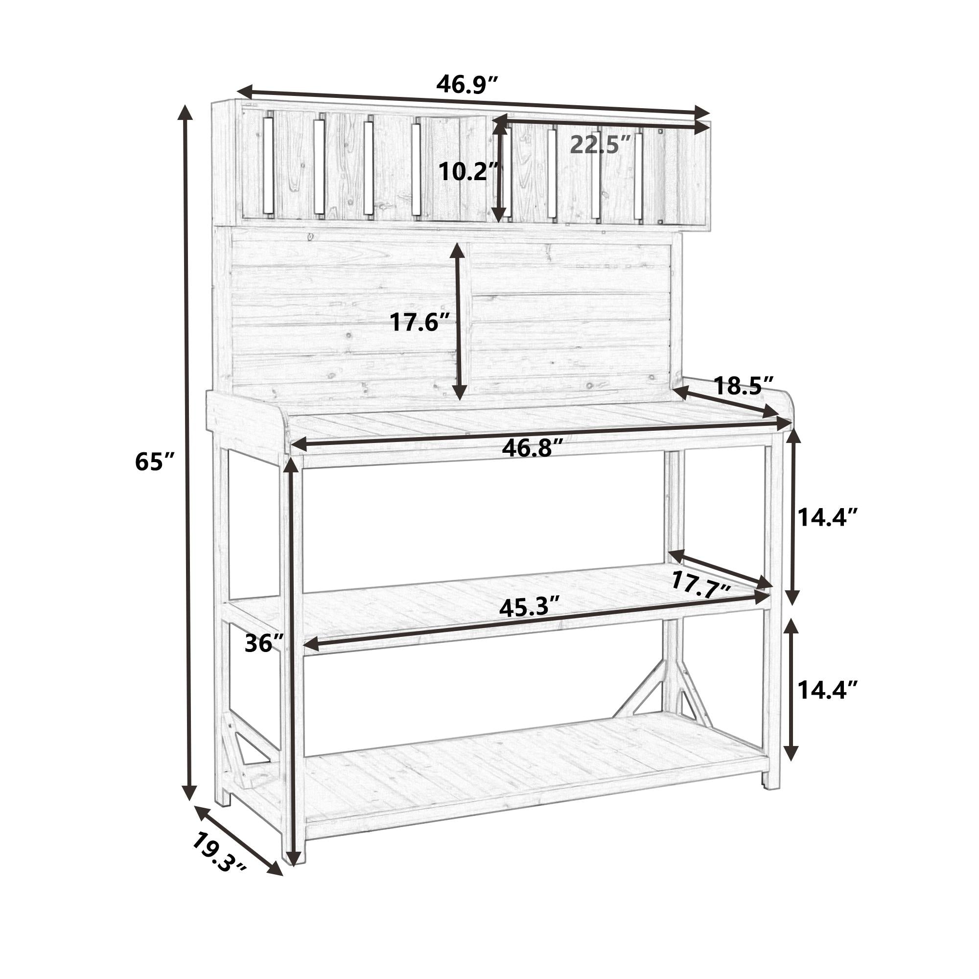 Outdoor Potting Bench with 4 Shelf & Side Hook for Patio, Farmhouse Garden Workstation with Large Tabletop, 47'' L x 19.5'' W x 65'' H, Green
