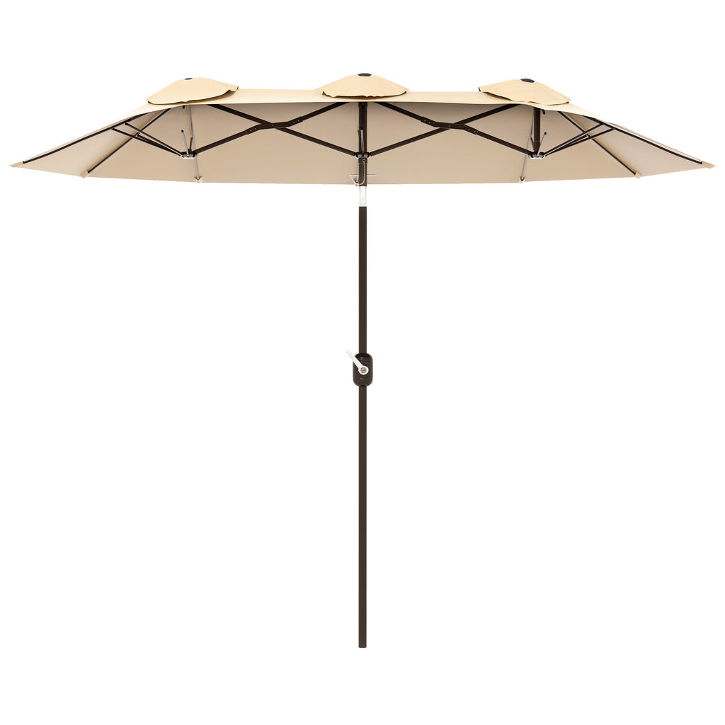 Double Sided Patio Umbrella, 9.7' Large Outdoor Market Umbrella with Push Button Tilt and Crank, 3 Air Vents and 12 Ribs, for Garden, Deck, Pool, Brown