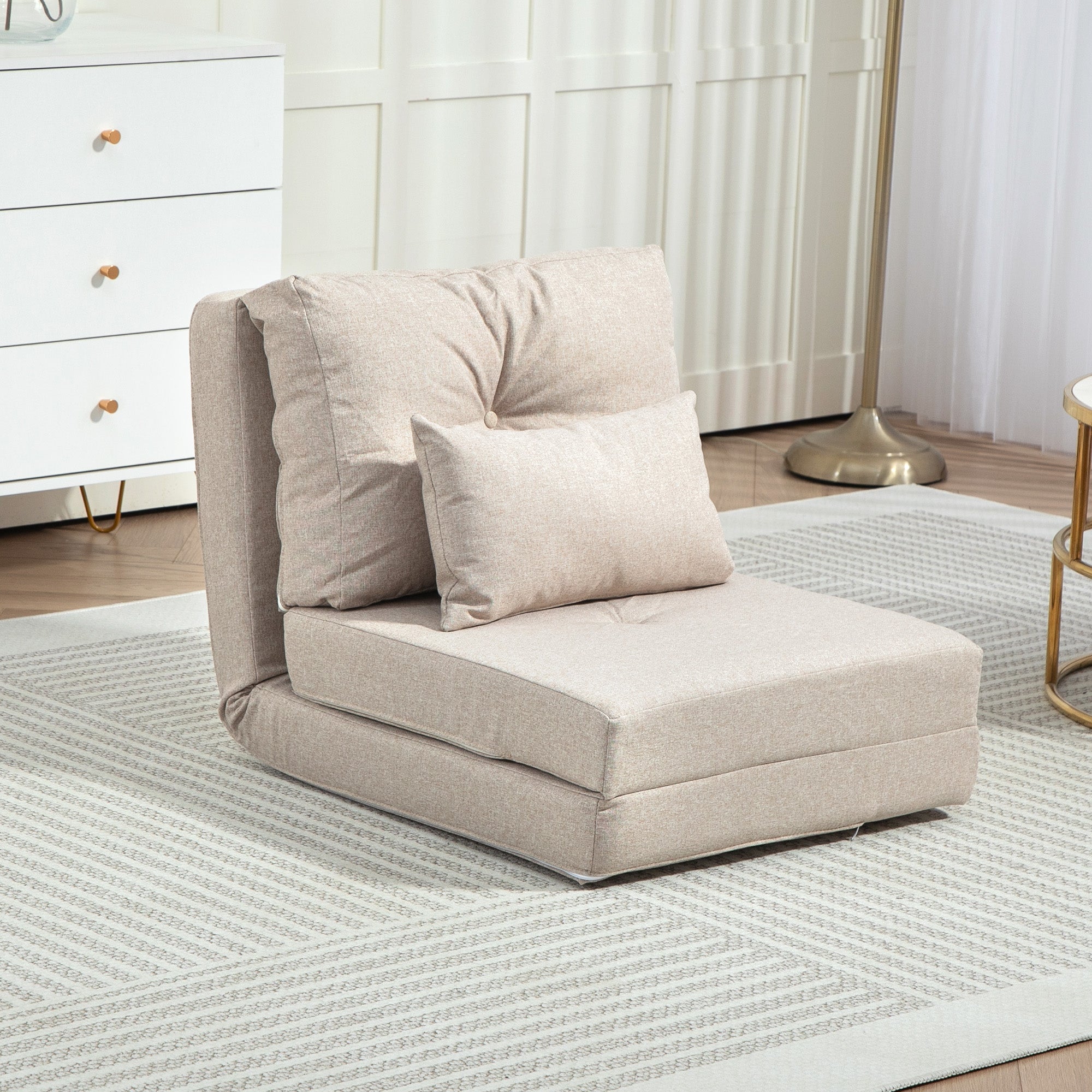 Floor Chair, Convertible Floor Sofa Bed, Folding Upholstered Couch Bed with Adjustable Backrest, Beige