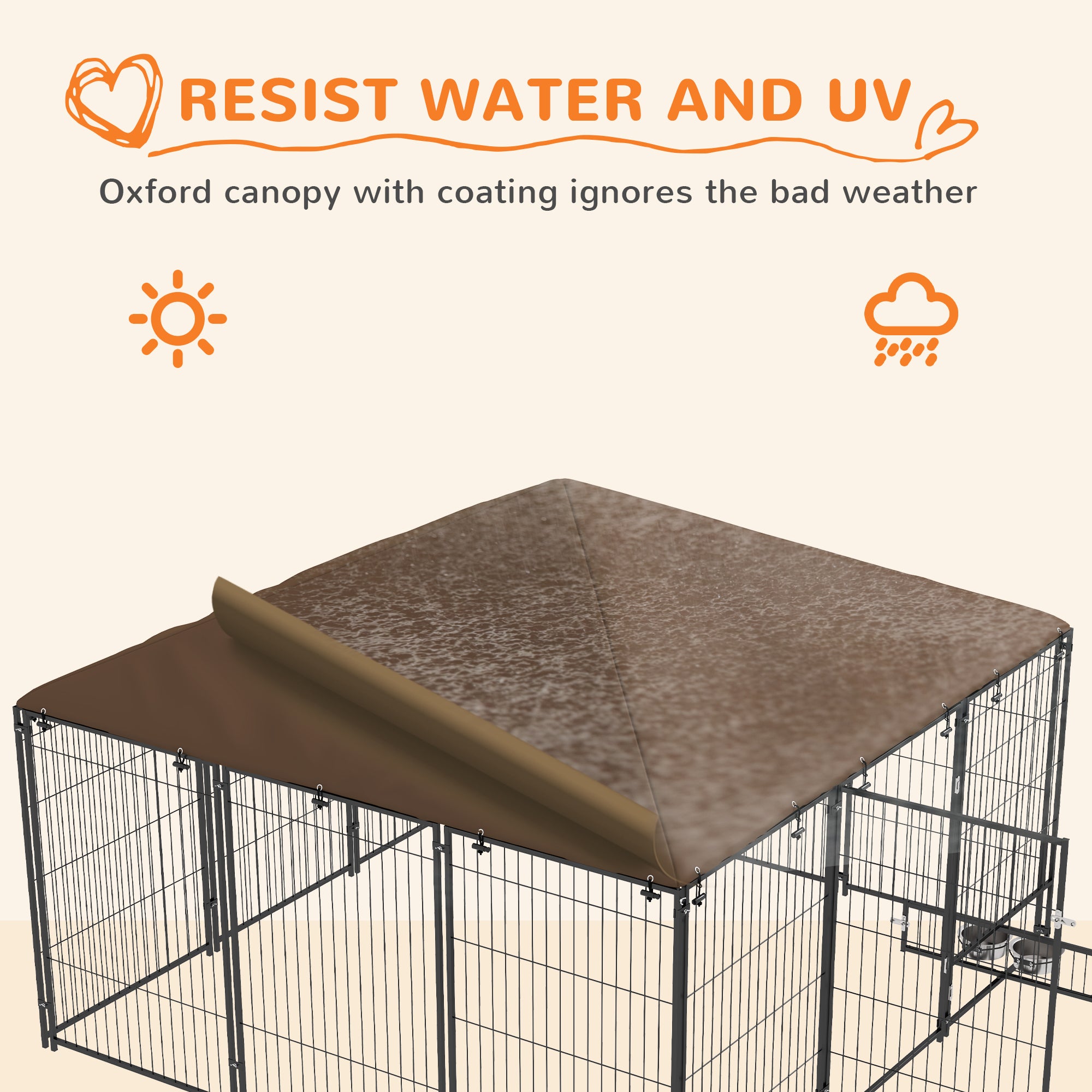 6.9' x 6.9' x 5' Outdoor Dog Kennel with Canopy Garden Playpen Fence Crate Enclosure Cage Rotating Bowl, Coffee