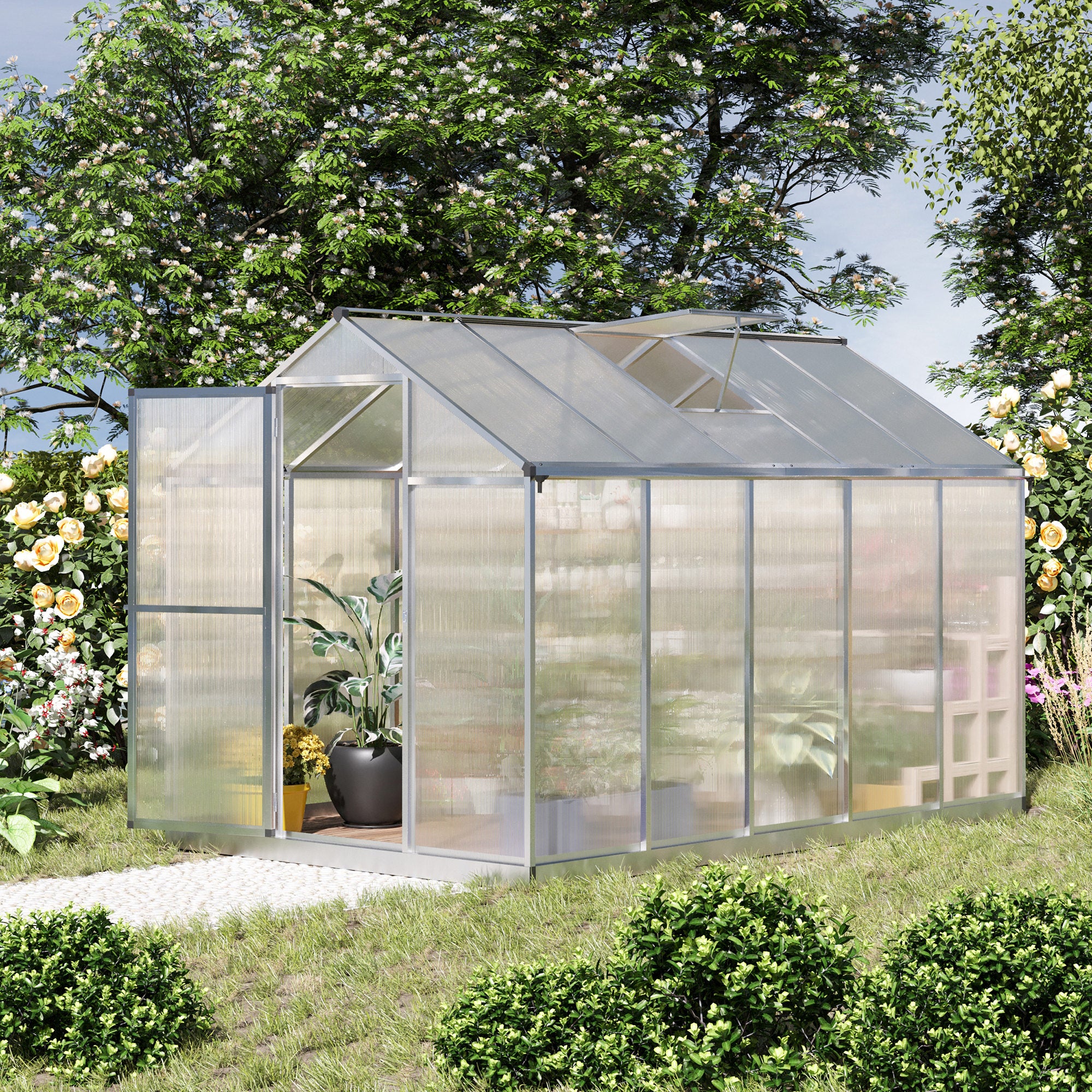10' L x 6' W Walk-In Polycarbonate Greenhouse with Roof Vent for Ventilation & Rain Gutter for Winter