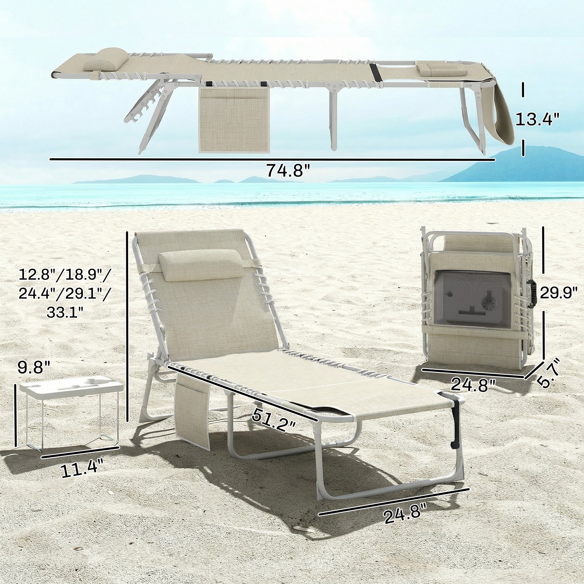 Tanning Chair with Face Hole and Side Table, 5-Position Folding Outdoor Chaise Lounge Chair, Beige