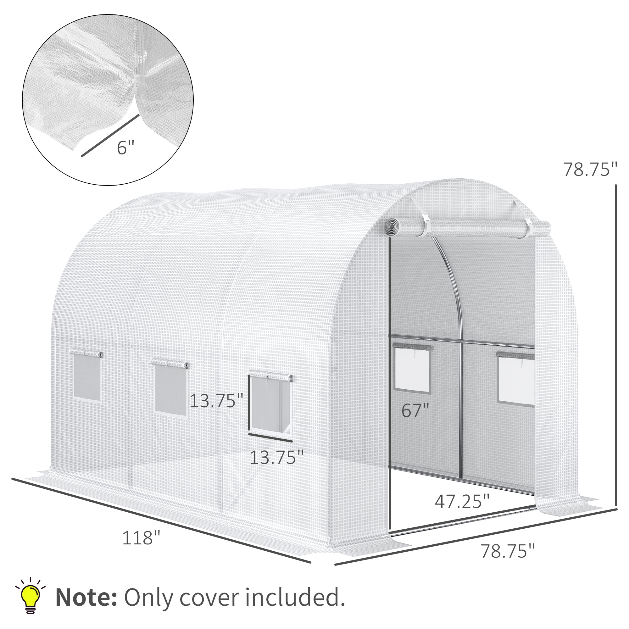 9.8' x 6.6' x 6.6' Plastic Greenhouse Cover Replacement, Heavy Duty Waterproof Tarp for Hoop House, Sheeting with 6 Windows, Door & Reinforcement Grid, White