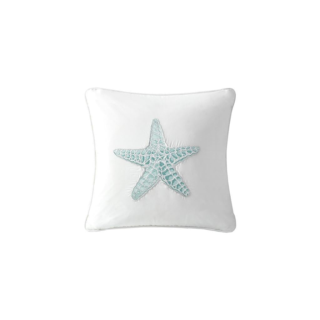 Decorative Square Pillow with 100% Cotton Cover, Starfish Embroidery, Hypoallergenic Polyester Fill, 16" L x 16" W x 5" H, White