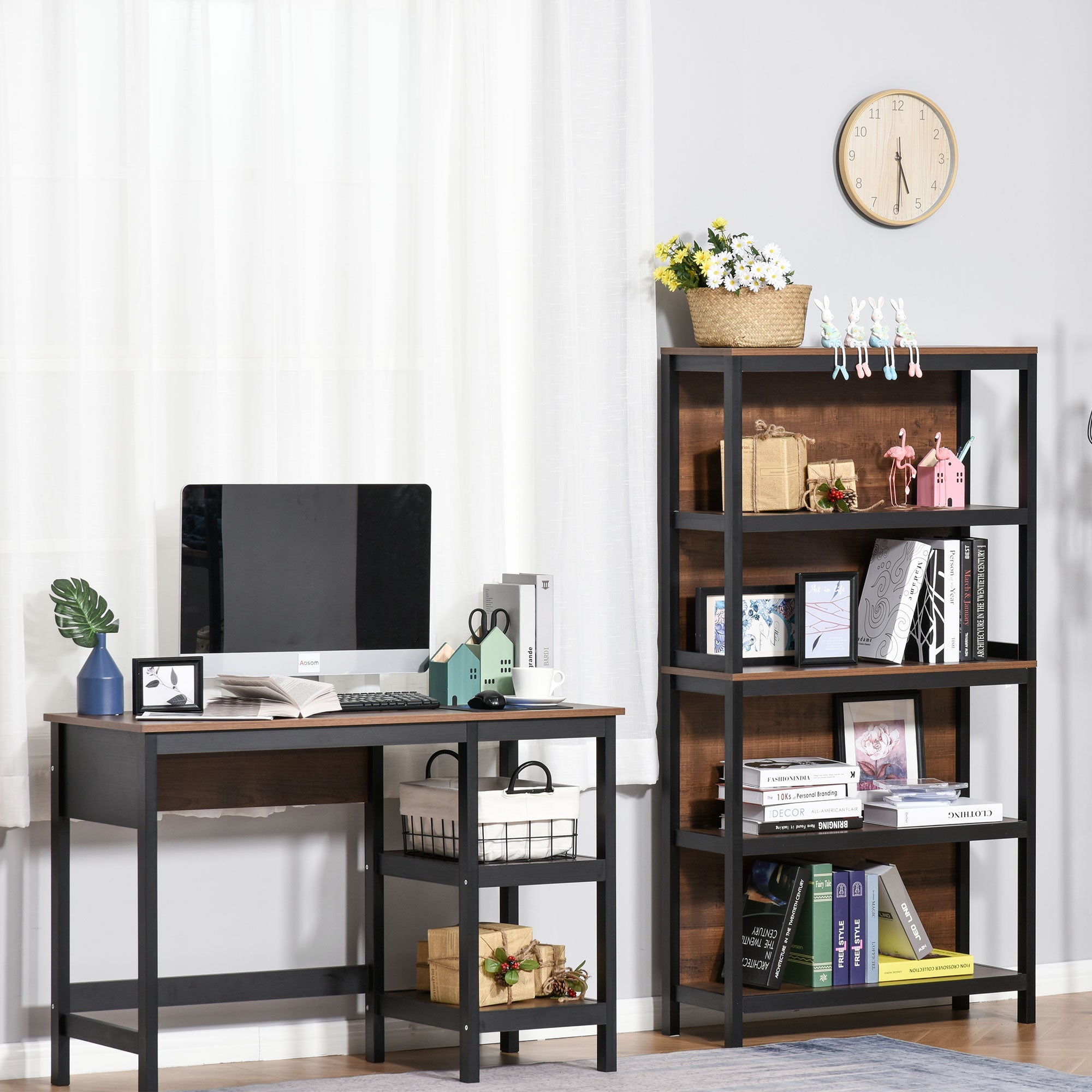 Shelves for Storage, 4 Tier Bookshelf Utility Organizer with Back Support and Anti-Topple Design, Walnut/Black