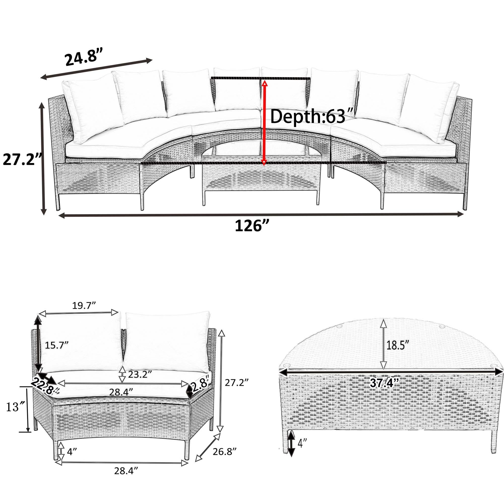 5 Piece Half-Moon Patio Sectional with Glass Table, All-Weather Wicker Sofa with Thick Cushions, 47.5" L x 27" W x 27" H, Beige