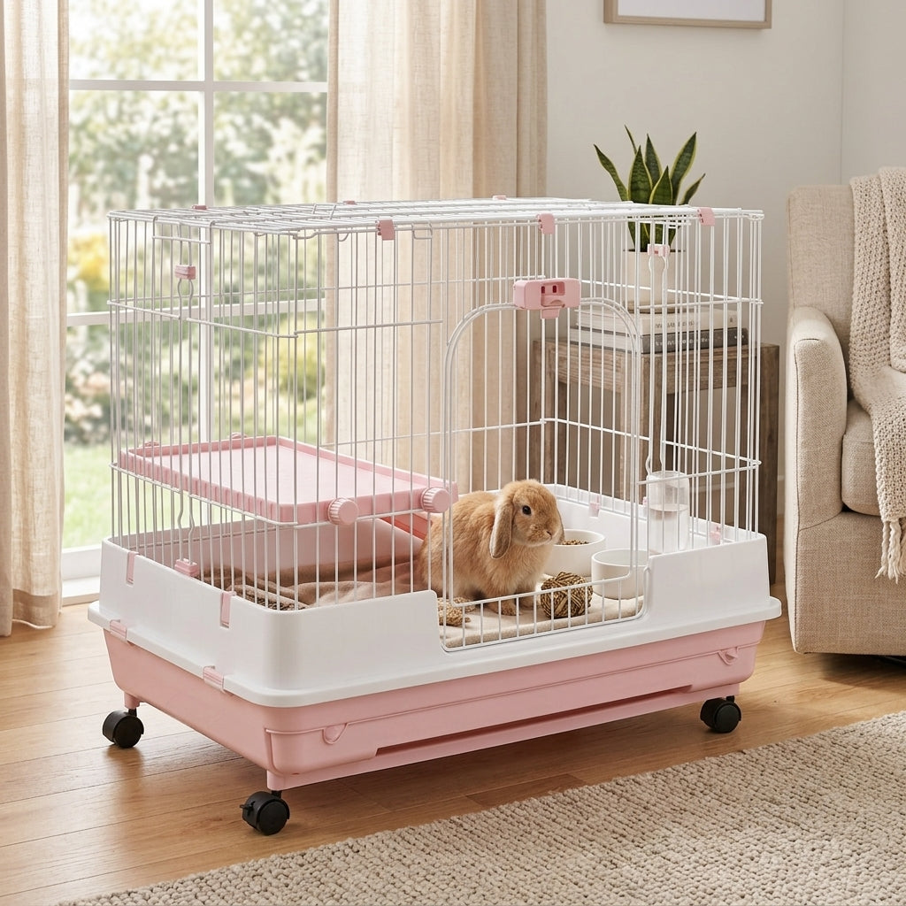 2-Level Small Animal Cage Rabbit Hutch with Wheels, Removable Tray, Platform and Ramp for Bunny, Chinchillas, Ferret, Pink