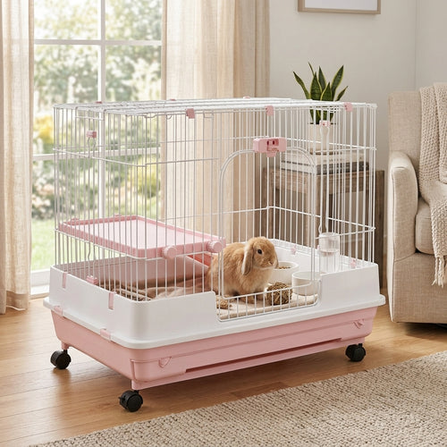 2-Level Small Animal Cage Rabbit Hutch with Wheels, Removable Tray, Platform and Ramp for Bunny, Chinchillas, Ferret, Pink