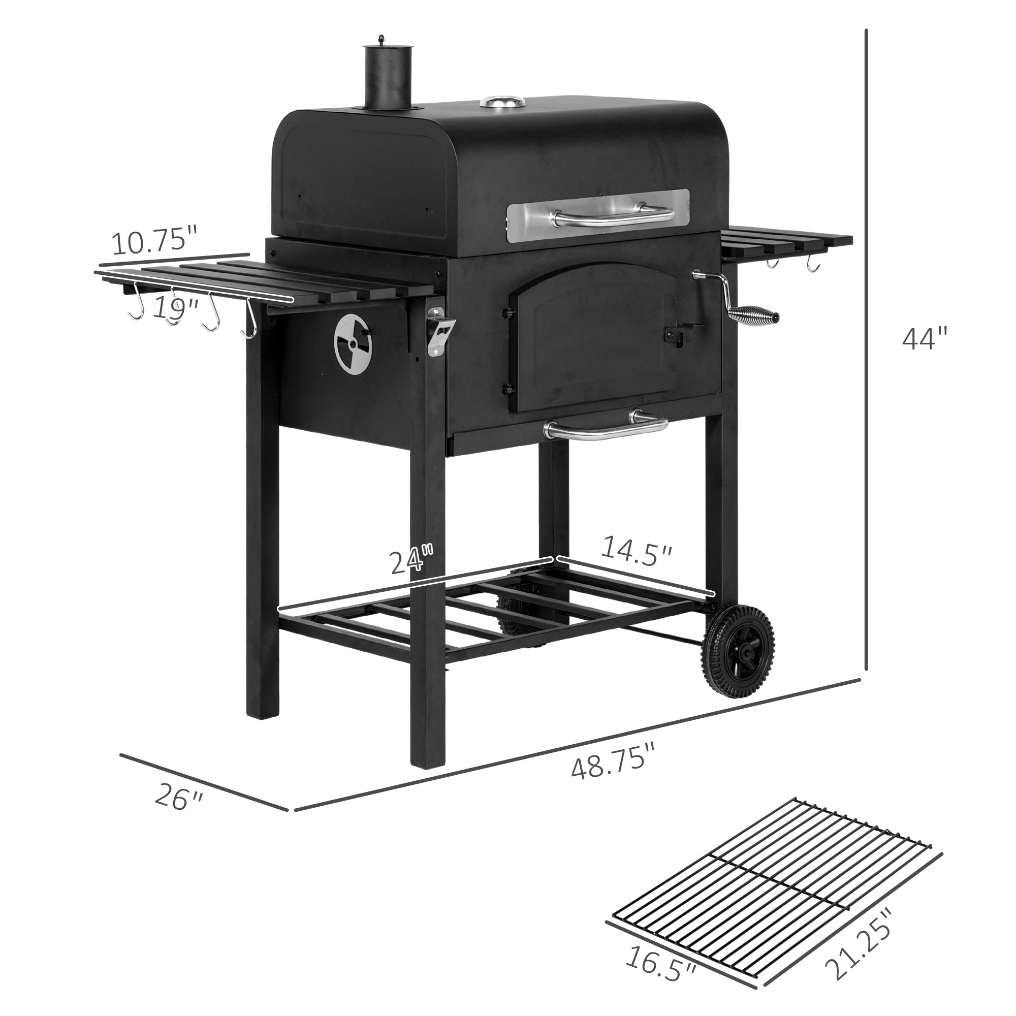 Charcoal BBQ Grill w/ Adjustable Height, Folding Shelves, Thermometer, and Wheels, Black