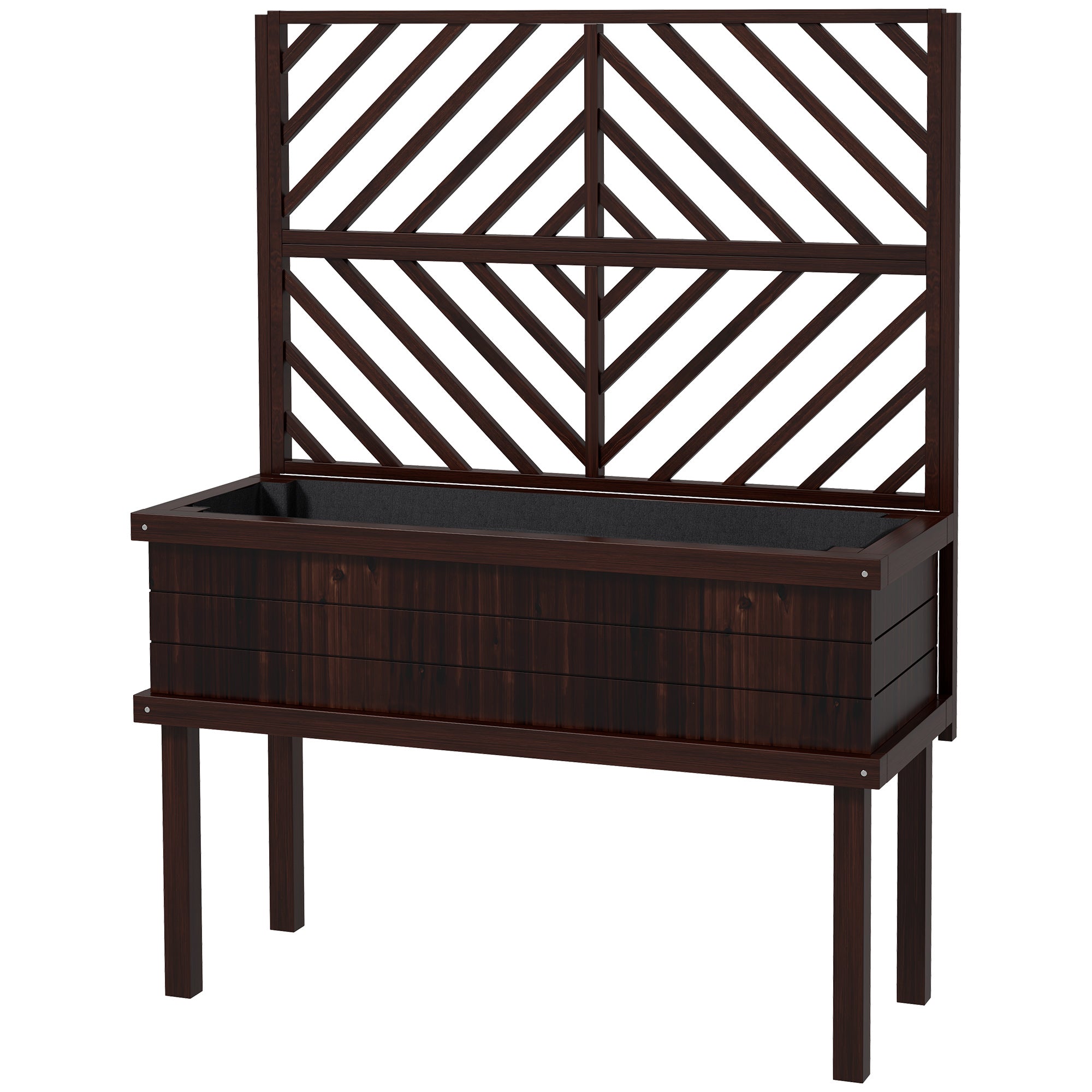Elevated Wood Planter with Trellis for Climbing Plants, Raised Garden Bed with Legs and Drainage Holes, Carbonized