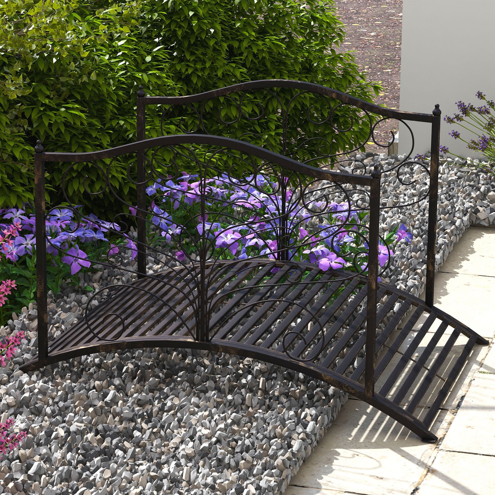 4’ Metal Arch Backyard Garden Bridge with Safety Siderails, Delicate Scrollwork, & Easy Assembly, Black Bronze