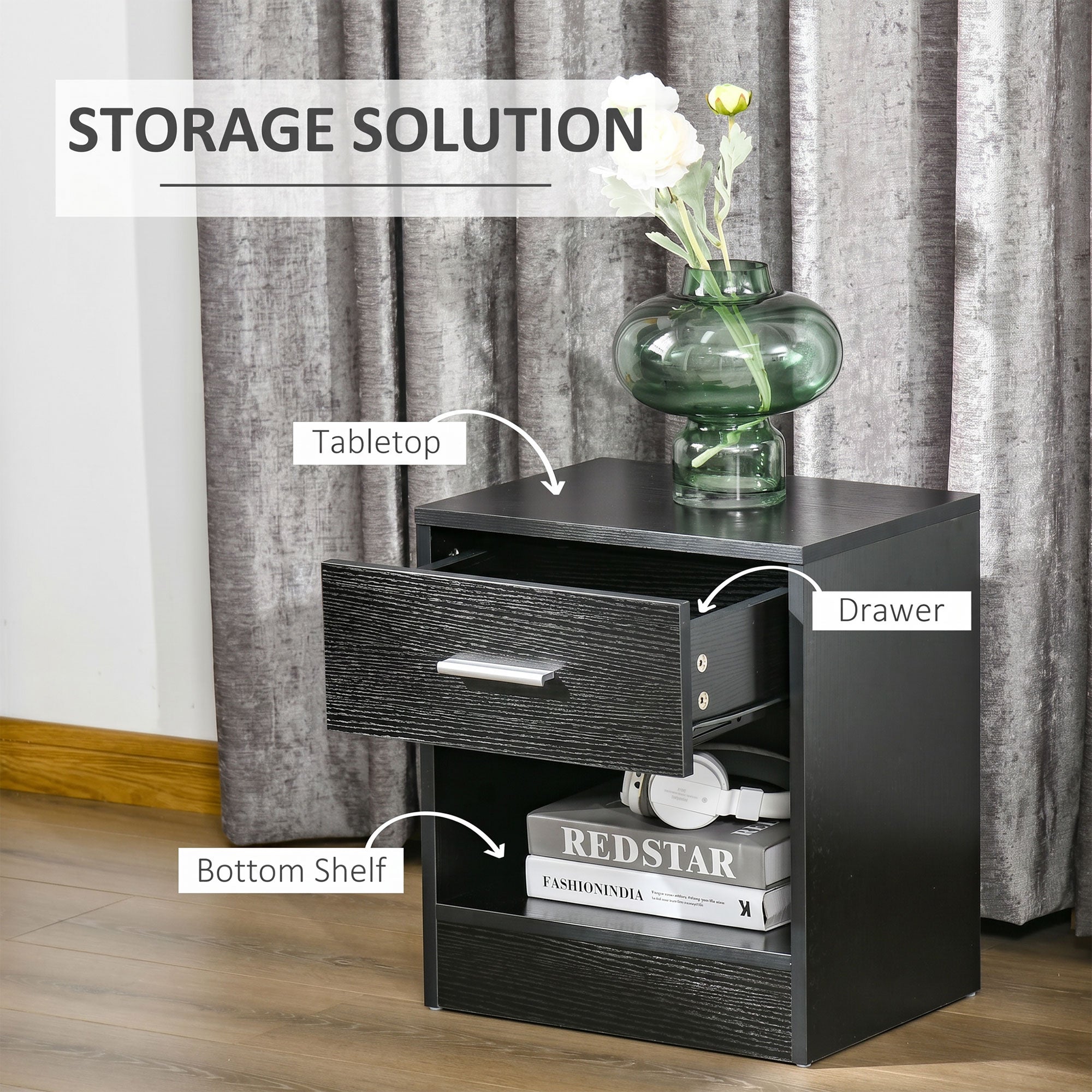 Modern Side Table with Drawer and Storage Shelf, End Table for Living Room, Black Wood Grain