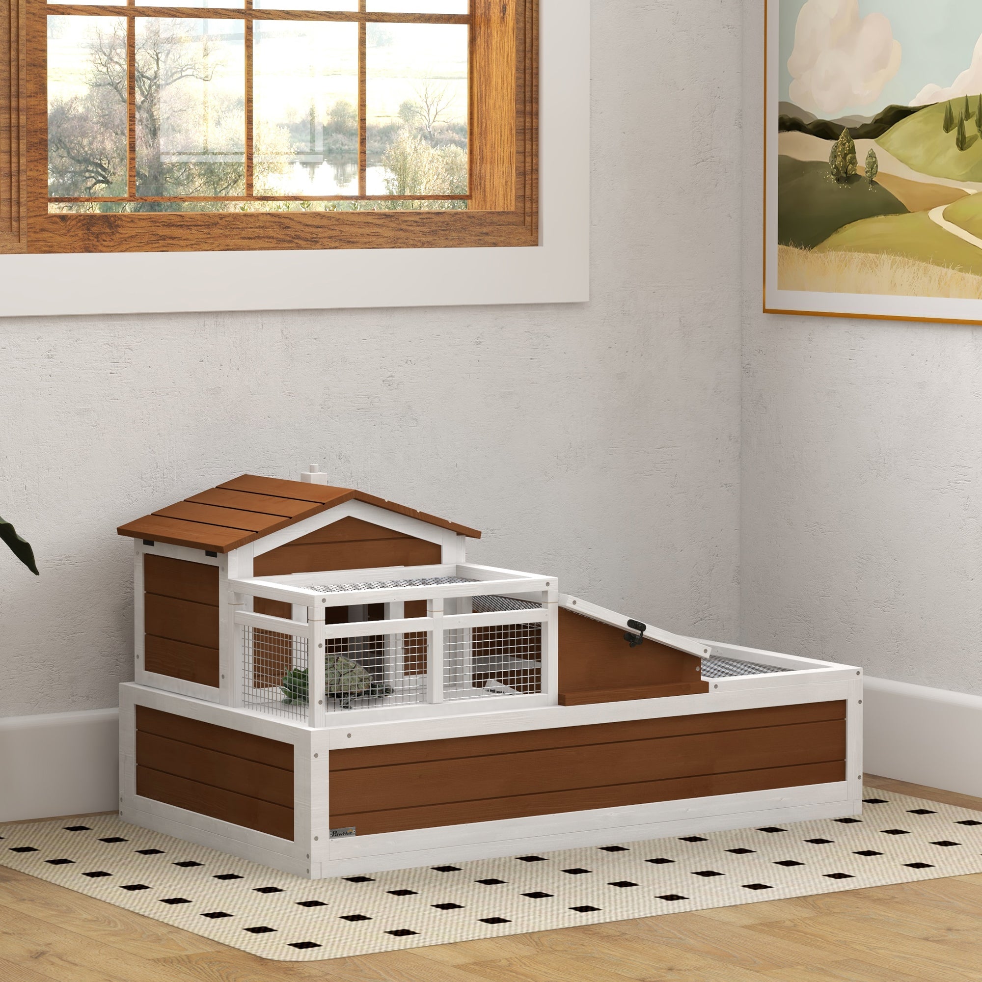 3-Room Tortoise Habitat House w/ Balcony & 2 Stories, 44" x 25.5" x 25", Coffee