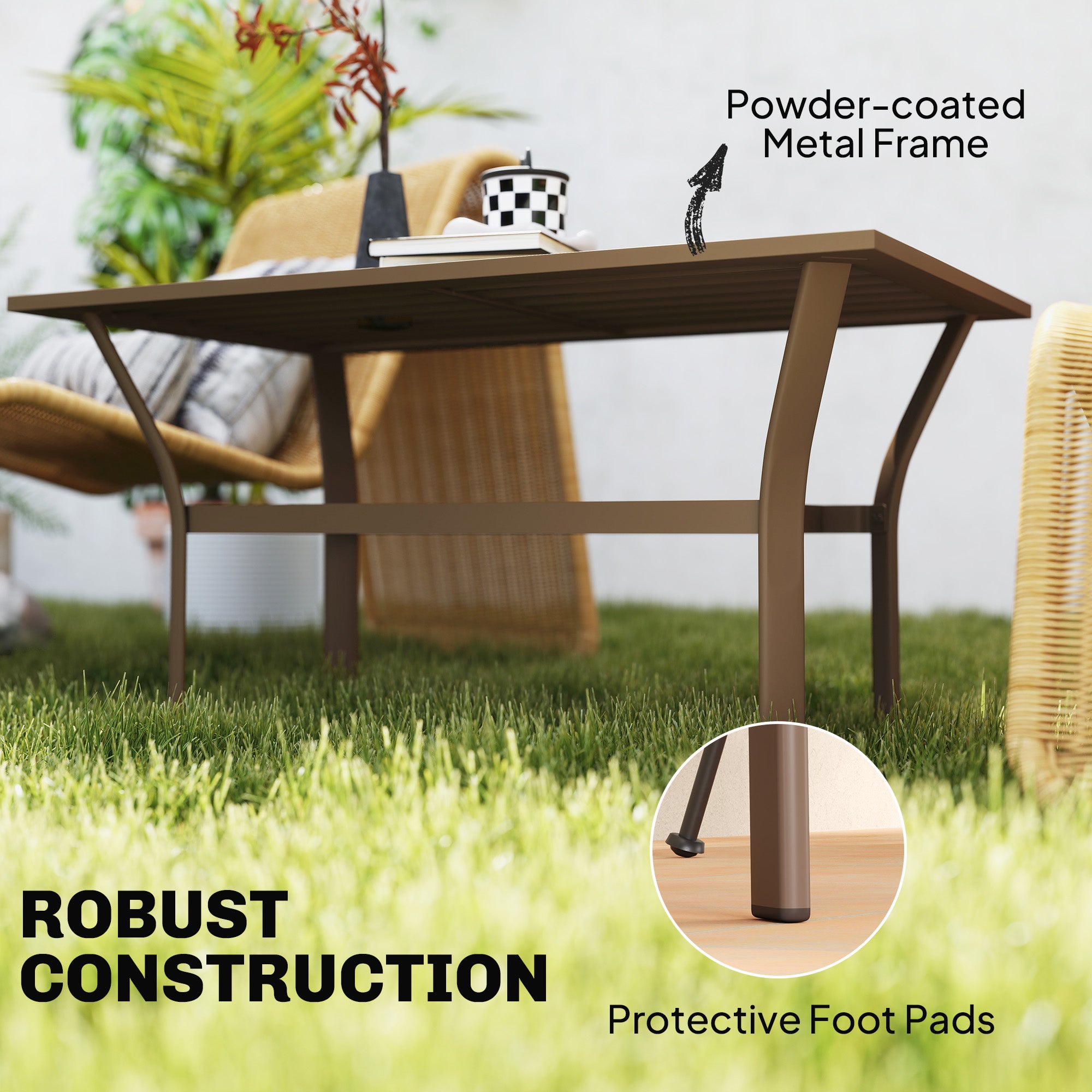 Outdoor Coffee Table with Slatted Tabletop, All-Weather Rectangle Metal Patio Coffee Table for Garden, Brown