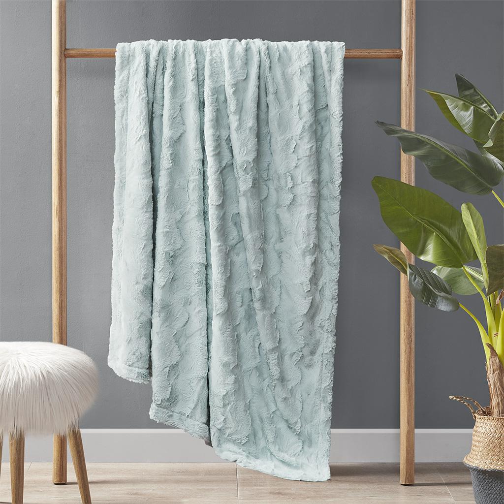 Oversized Faux Fur Throw with Solid Mink Reverse, Machine Washable, Luxurious Soft Blanket for Any Living Space, 70" L x 60" W x 0.25" H, Aqua