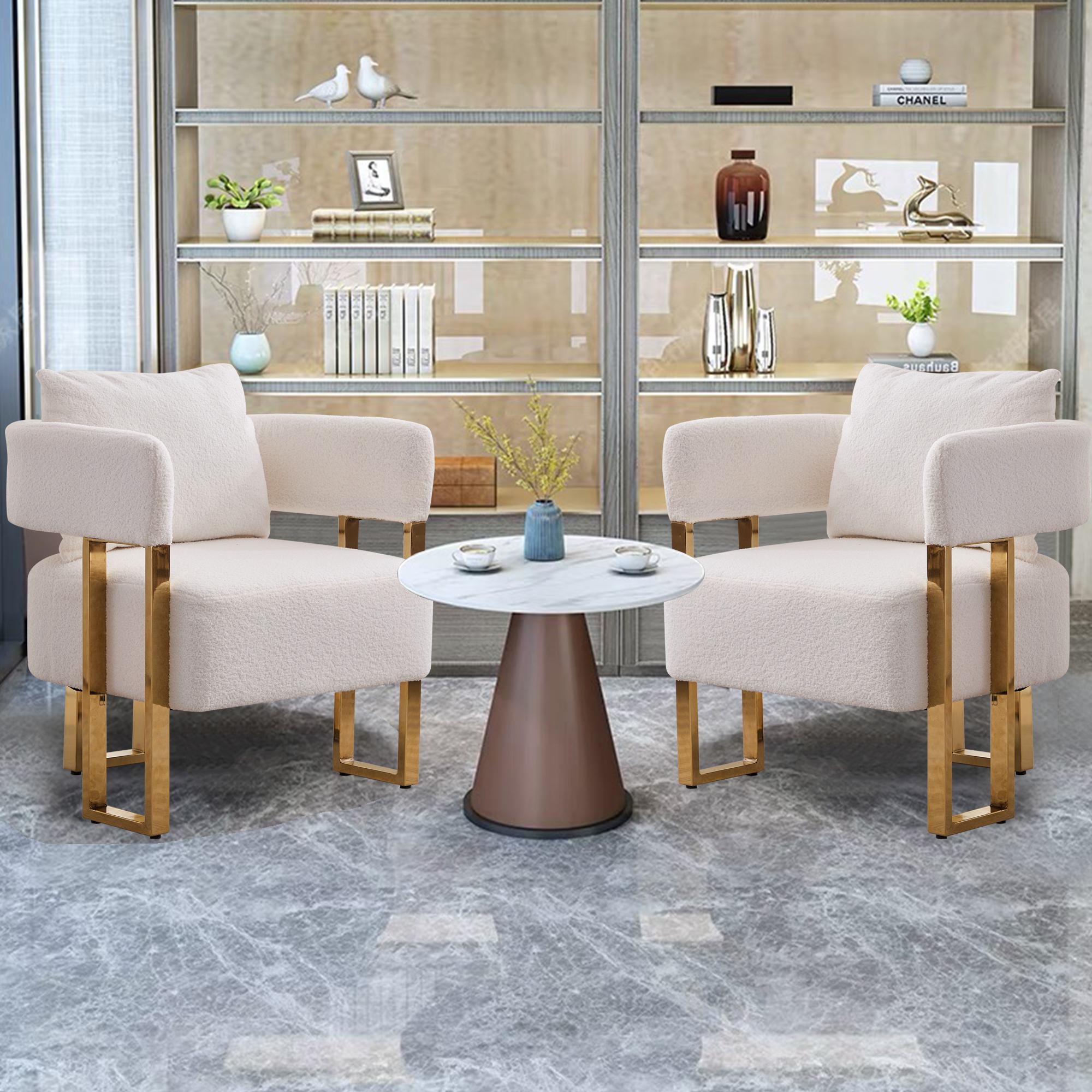 2-Set Living Room Teddy Fleece Upholstered Side Chair with Gold Metal Legs, Modern Decorative Chair, 26" L x 24.5" W x 27" H, White+Gold
