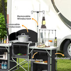 Aluminum Camping Kitchen, Portable Folding Camping Table with Fabric Cupboards, Windshield, Bag for BBQ, Picnic, Black